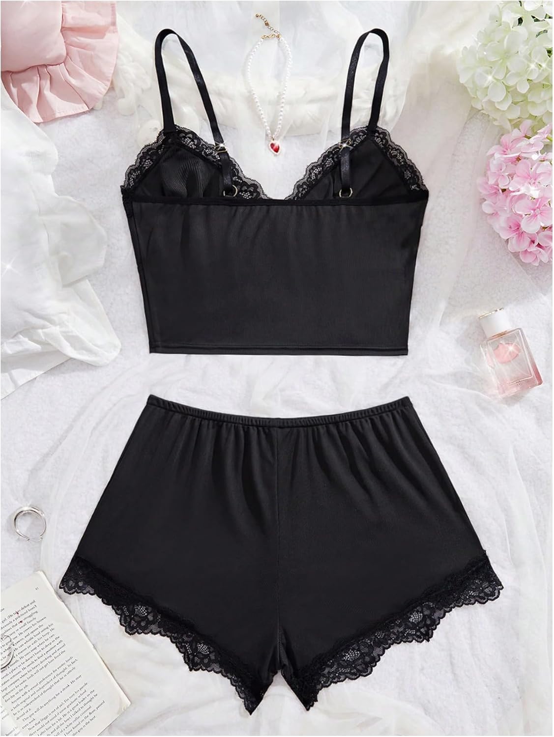 SHENHE Women's Pajama Set 2 Piece Lace Trim Sleepwear Cami and Shorts Bow Pjs Loungewear - Image 2