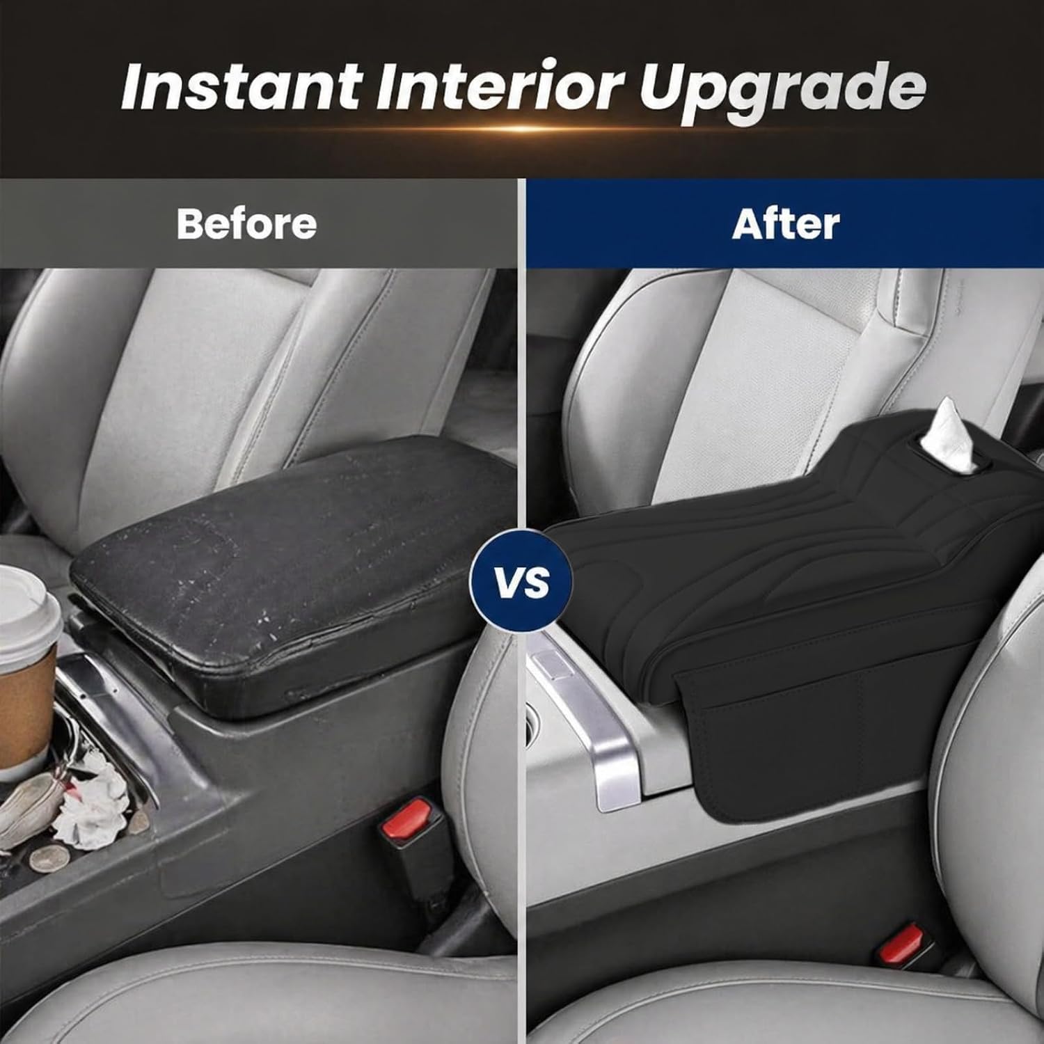 Car Center Console Cover with Tissue Box Holder, Foam Armrest Cover for Car with Side Storage Pockets, Multifunctional Waterproof PVC Leather Car Armrest Cushion Pad, Universal Fit, Black