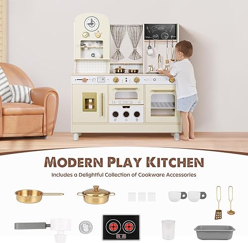 Miniatura 11 de Juego de cocina para niños, cocina de juego de madera, altura ajustable, viene con varios accesorios de cocina, juguete de juego de rol ideal