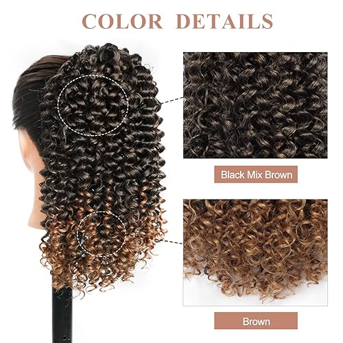 Miniatura 4 de Halcyon Extensión de cola de caballo rizada para mujeres negras, extensiones de cabello rizado con cordón, mezcla de color marrón