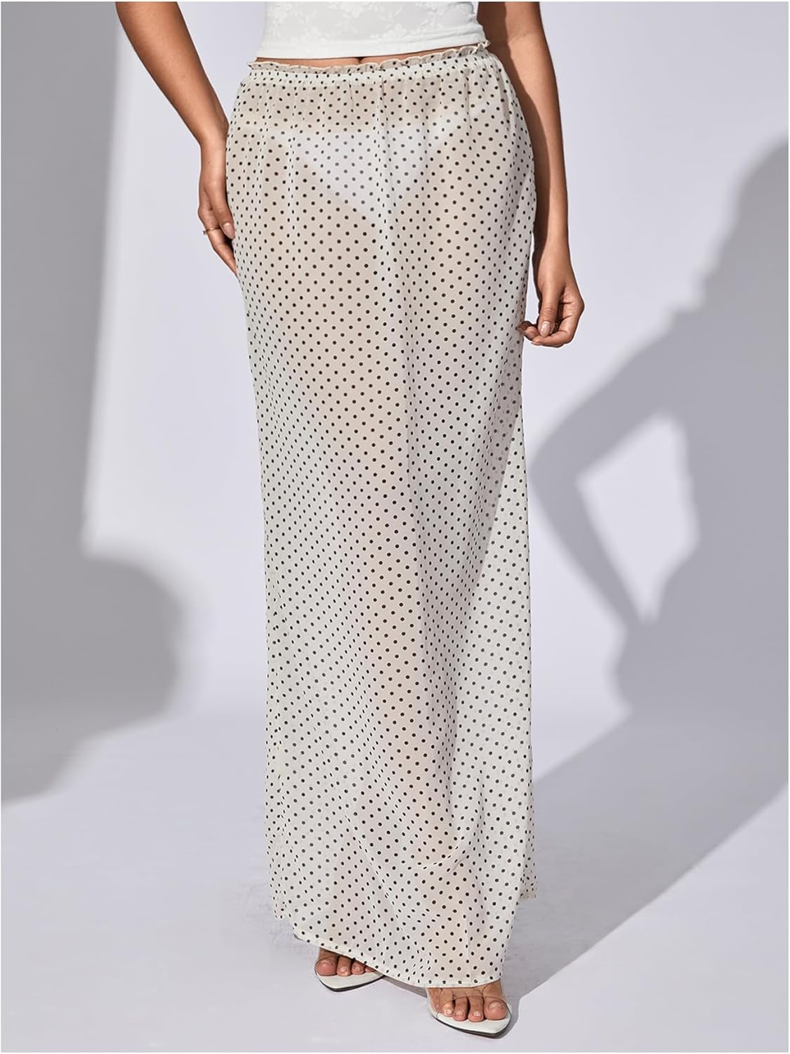 Verdusa Women's Polka Dots Mesh Sheer Skirt Low Waist Maxi Skirts - Image 3