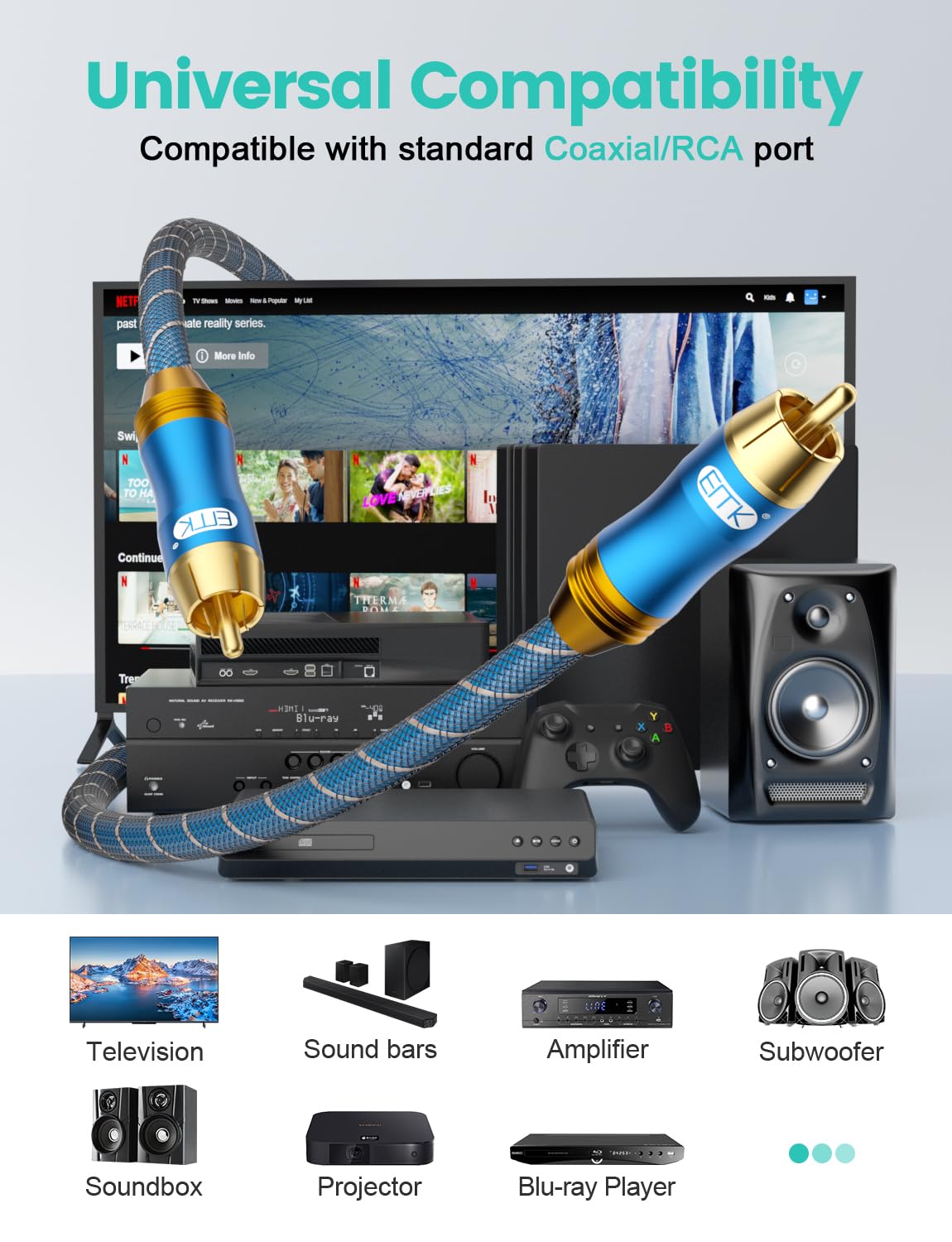 EMK Cable de audio coaxial digital para audiófilo, 75 ohmios, SPDIF, cable coaxial de subwoofer RCA a RCA con núcleo OFC y blindado (2 m, 2 unidades)