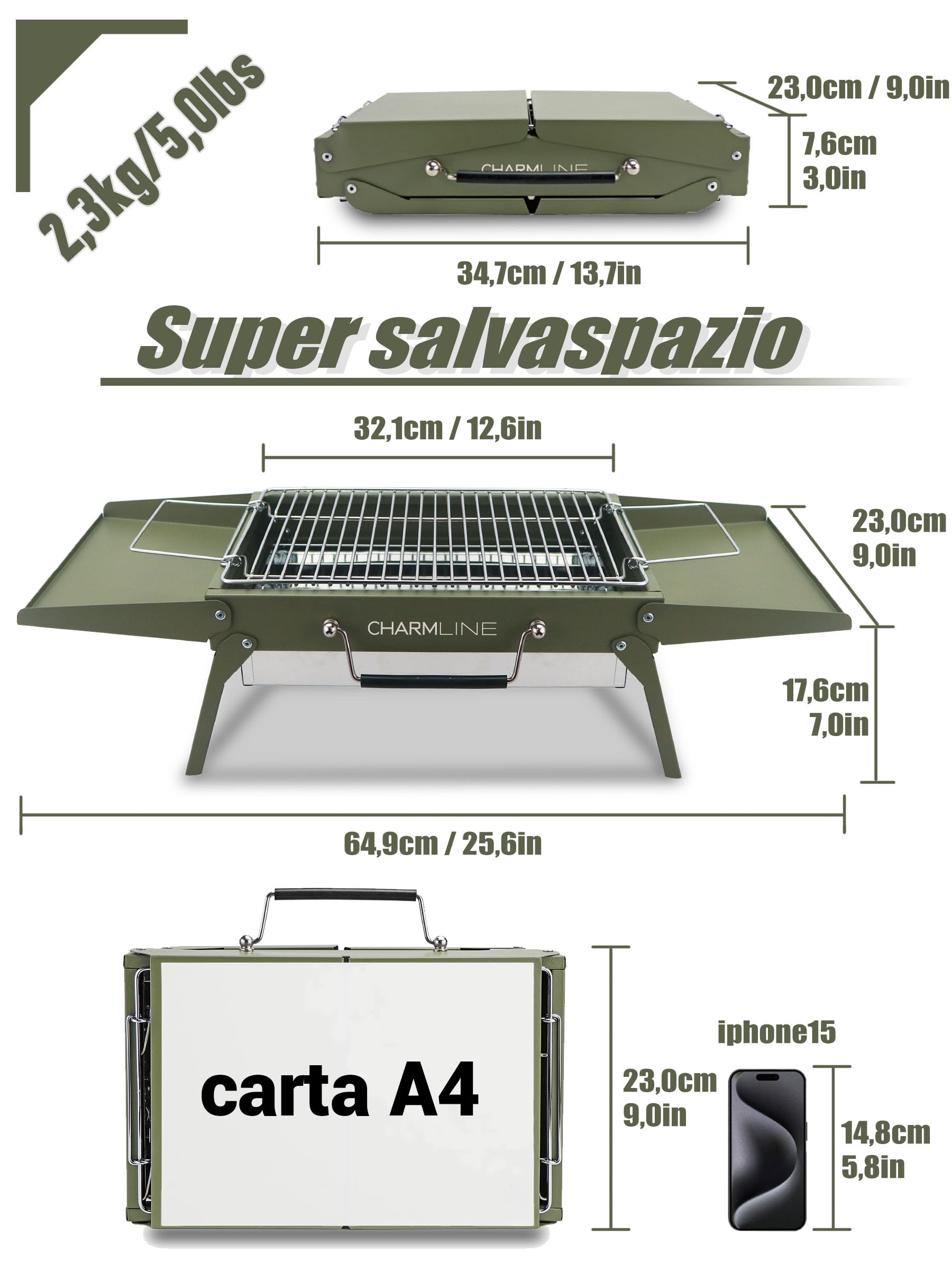Charmline Griglia a Carbone Portatile Pieghevole 34x23 cm, BBQ Compatta per Campeggio Picnic Giardino
