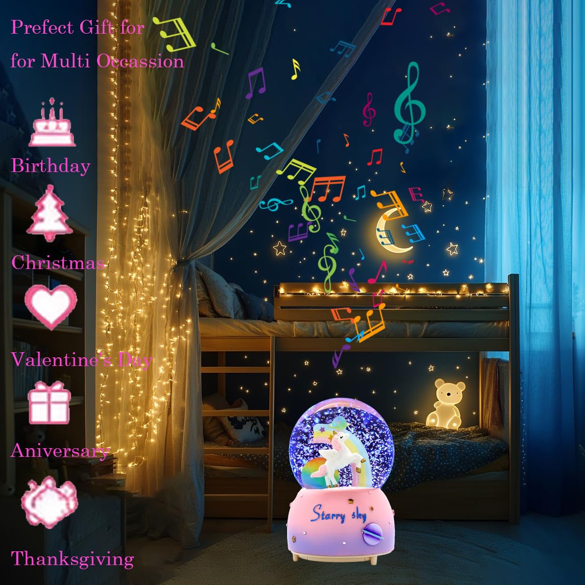 Boule à neige licorne arc-en-ciel pour enfant, fille, garçon, musique, cadeau de Noël ou d'anniversaire