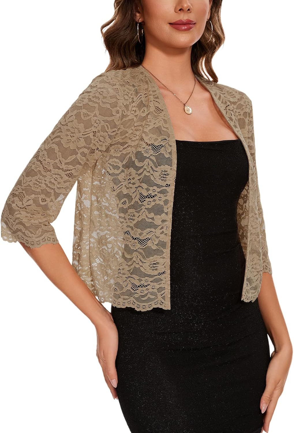 MINTLIMIT Women's Elegant 3/4 Sleeve Floral Lace Bolero Shrug Cropped Open Front Cardigan Shrug Tops - Image 4