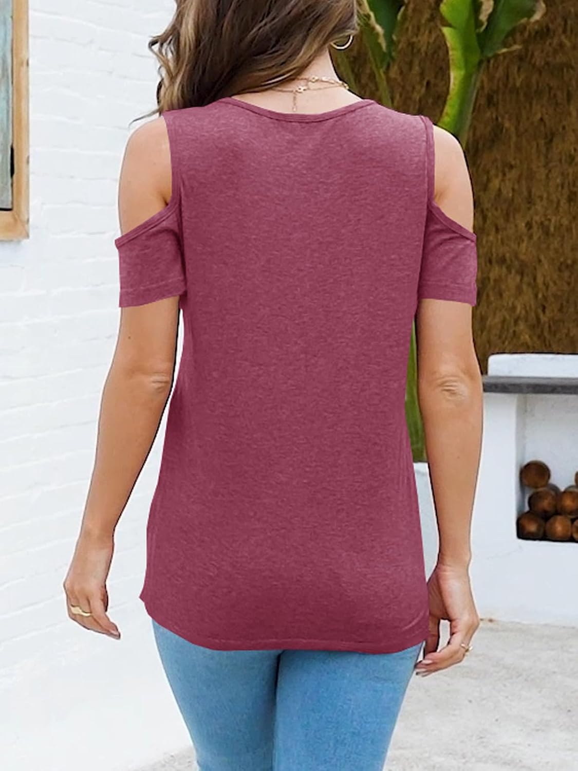 Women O Ring Cold Shoulder Cute Shirts Casual Loose Fit Short Sleeve Shirt Gradient Notched Neck Casual Tee - Image 3