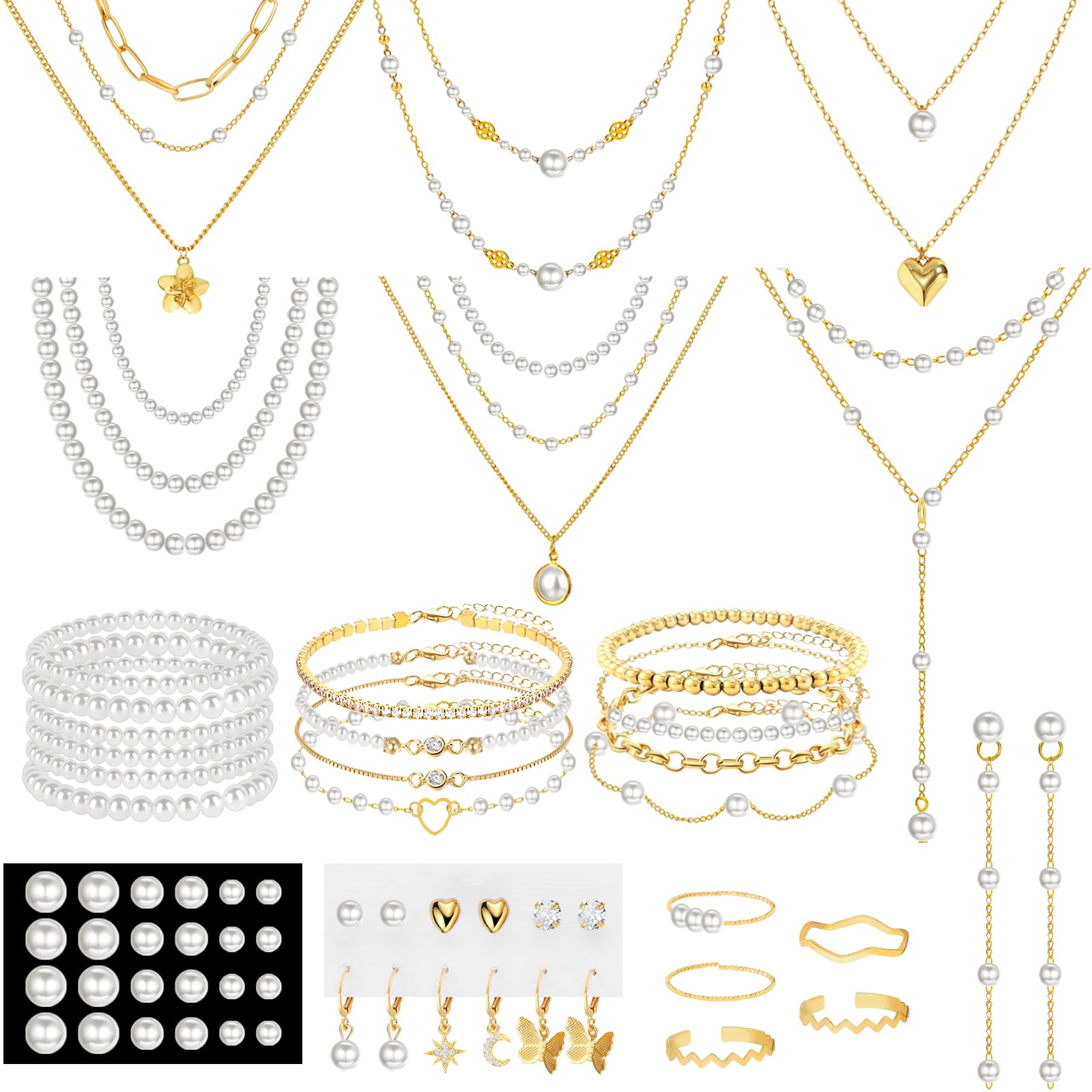 NEWITIN 68 Pieces Pearl Jewelry Set for Women Fashion Costume Jewelry Gold Plated Necklace Bracelet Ring Earrings Set for Women