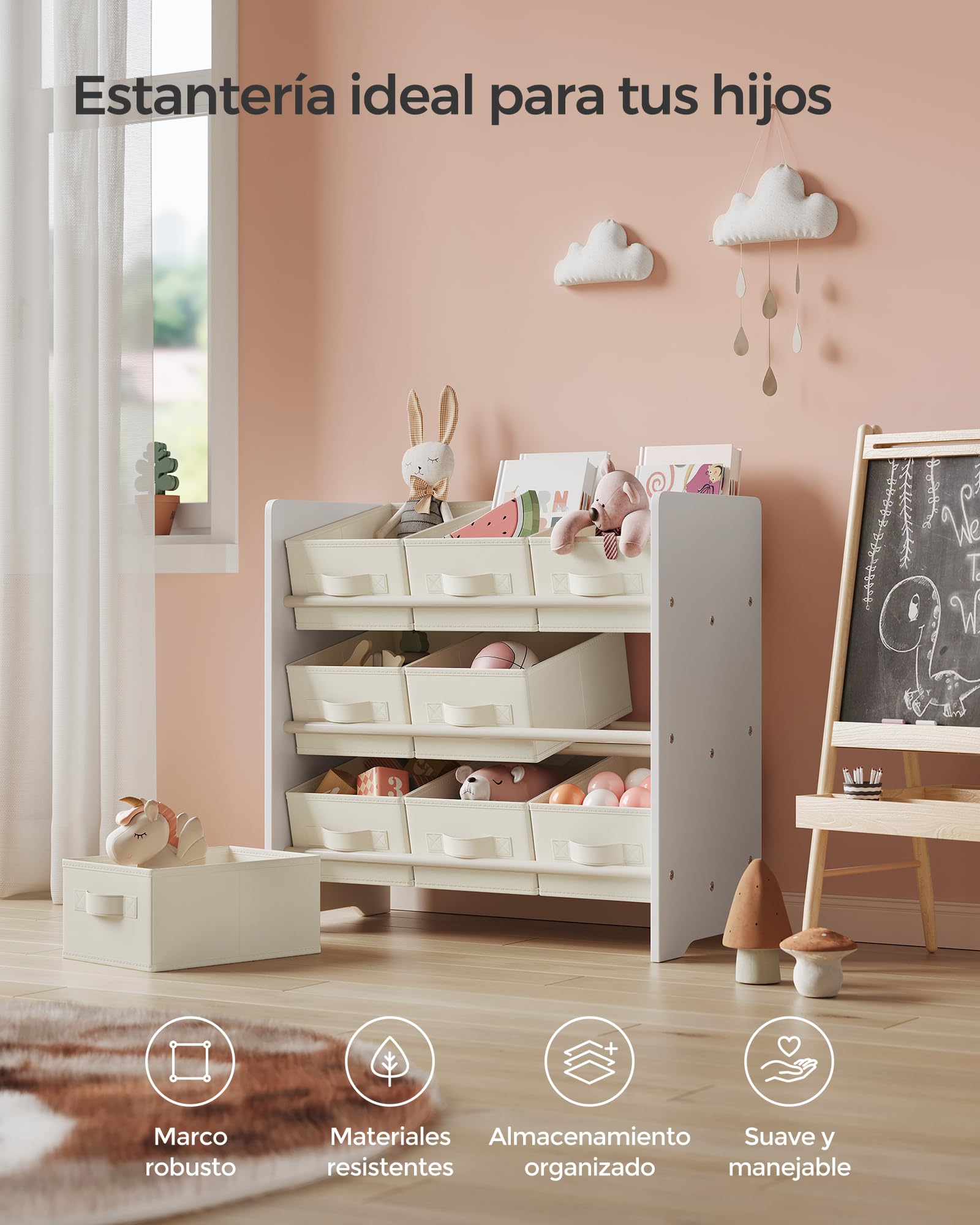 SONGMICS Estantería Infantil para Juguetes, Organizador Infantil para Libros, 9 Cajas de Almacenamiento no Tejidas, Espaciosa, 29,5 x 62,5 x 60 cm, Blanco Nube GKR033W10