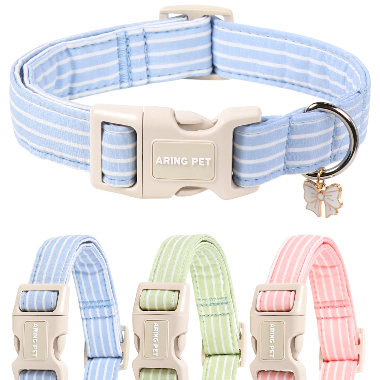 ARING PET Stripe Dog Collar, Cute Spring Summer Blue Line Dog Collaret with Bow Pendant for Puppies, Small, Medium and Large Dogs - Boys and Girls - M — image 1