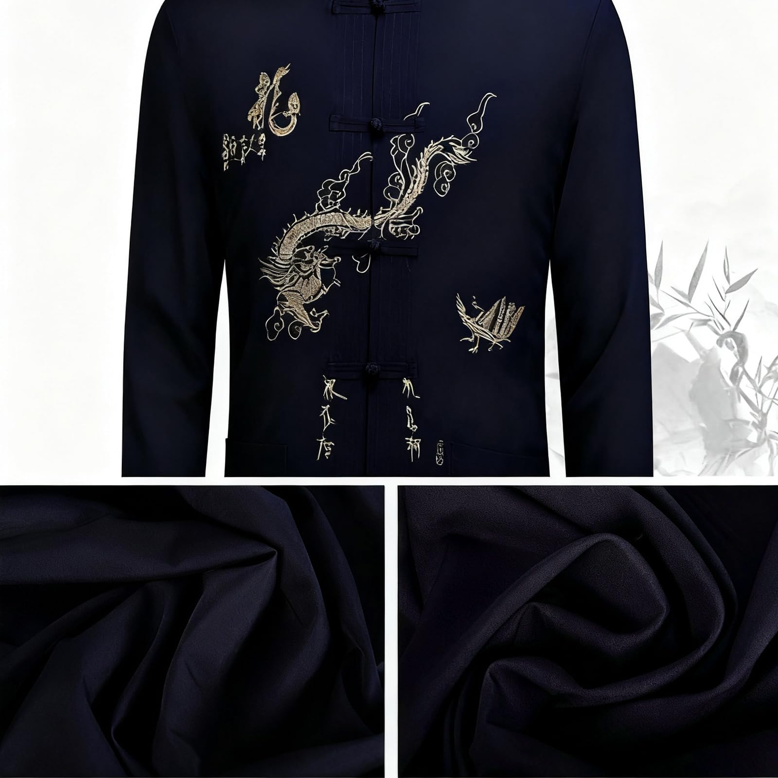 YUANZHOU Traje Chino Tai Chi Traje Tang Hombres Ropa Tradicional Hanfu Bordado Manga Superior Tops Y Pantalones Hebilla Cuello Alto Bordado,Black-42