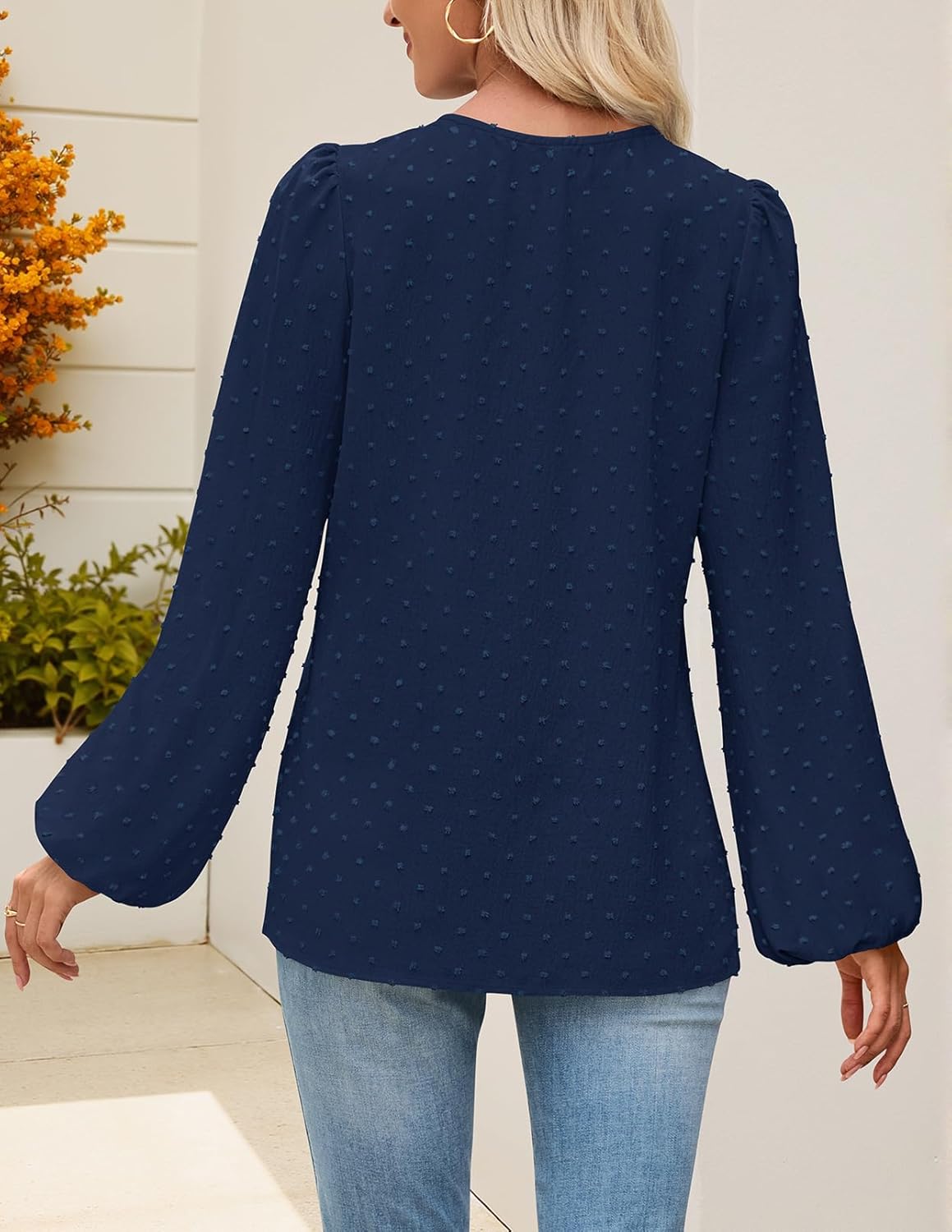 MEROKEETY Women's Fall Long Sleeve Blouse Shirt 2025 Dressy Casual Crochet Lace V Neck Swiss Dot Tops - Image 3