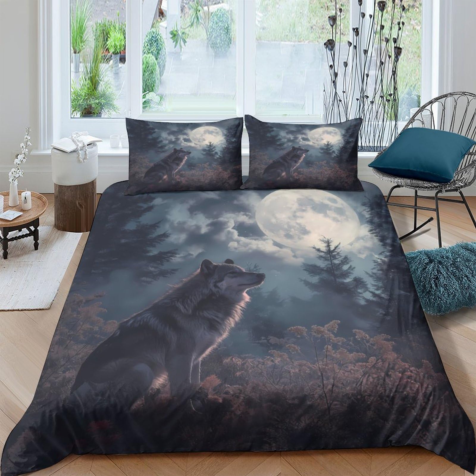 Ctjqhvkz Style-7 3D Printed Wolf Moon Fitted Sheet Microfiber Dark Forest Bed Cover For Bedroom Guest Room Mattress Protection Single（135X200cm）