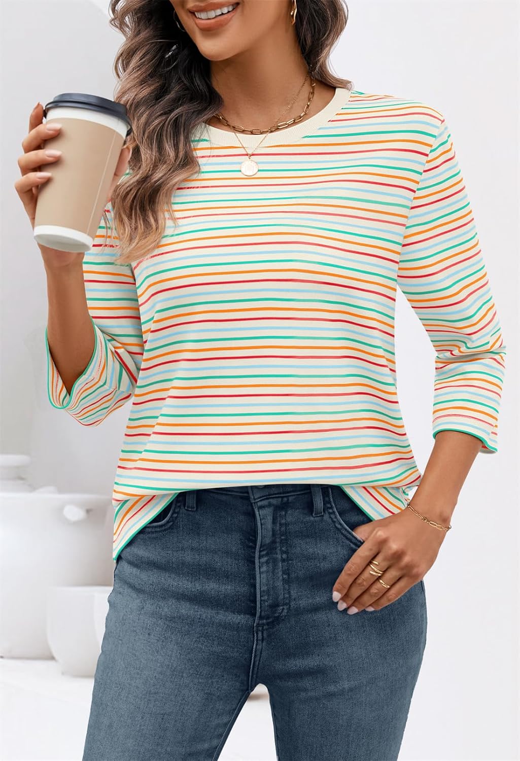 MEROKEETY Women's 2025 Casual 3/4 Sleeve Tops Blouse Crewneck Colorful Striped Fall Loose Shirt - Image 5