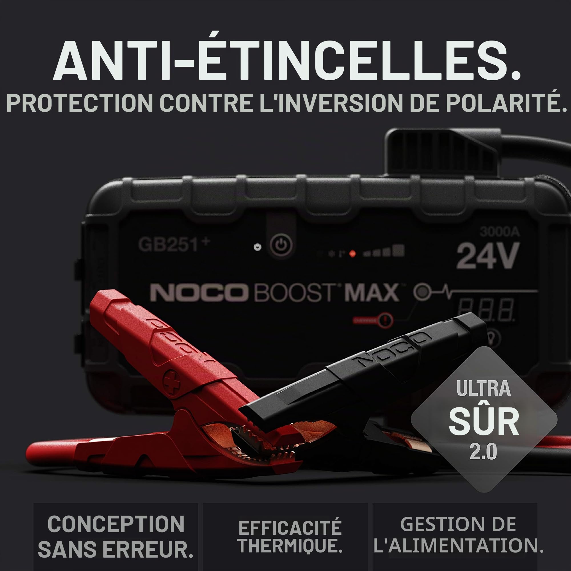 NOCO Boost Max GB251 24V 3000A UltraSafe Booster Batterie, Lithium Jump Starter, Câbles de Démarrage et de Démarrage de Batterie Portables pour Moteurs Essence et Diesel Jusqu'à 32-litres
