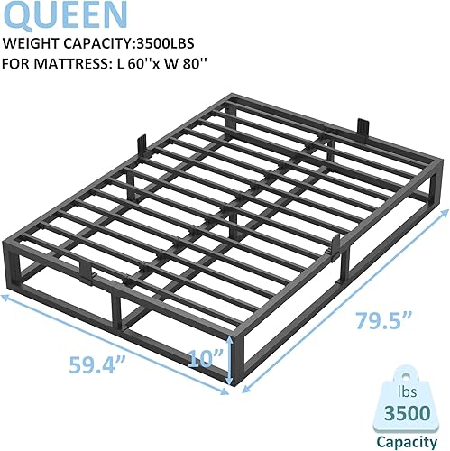 Miniatura 3 de Base de cama Queen de 10 pulgadas con soporte de listones de acero, plataforma de metal de perfil bajo, base de colchón de soporte de colchón, no
