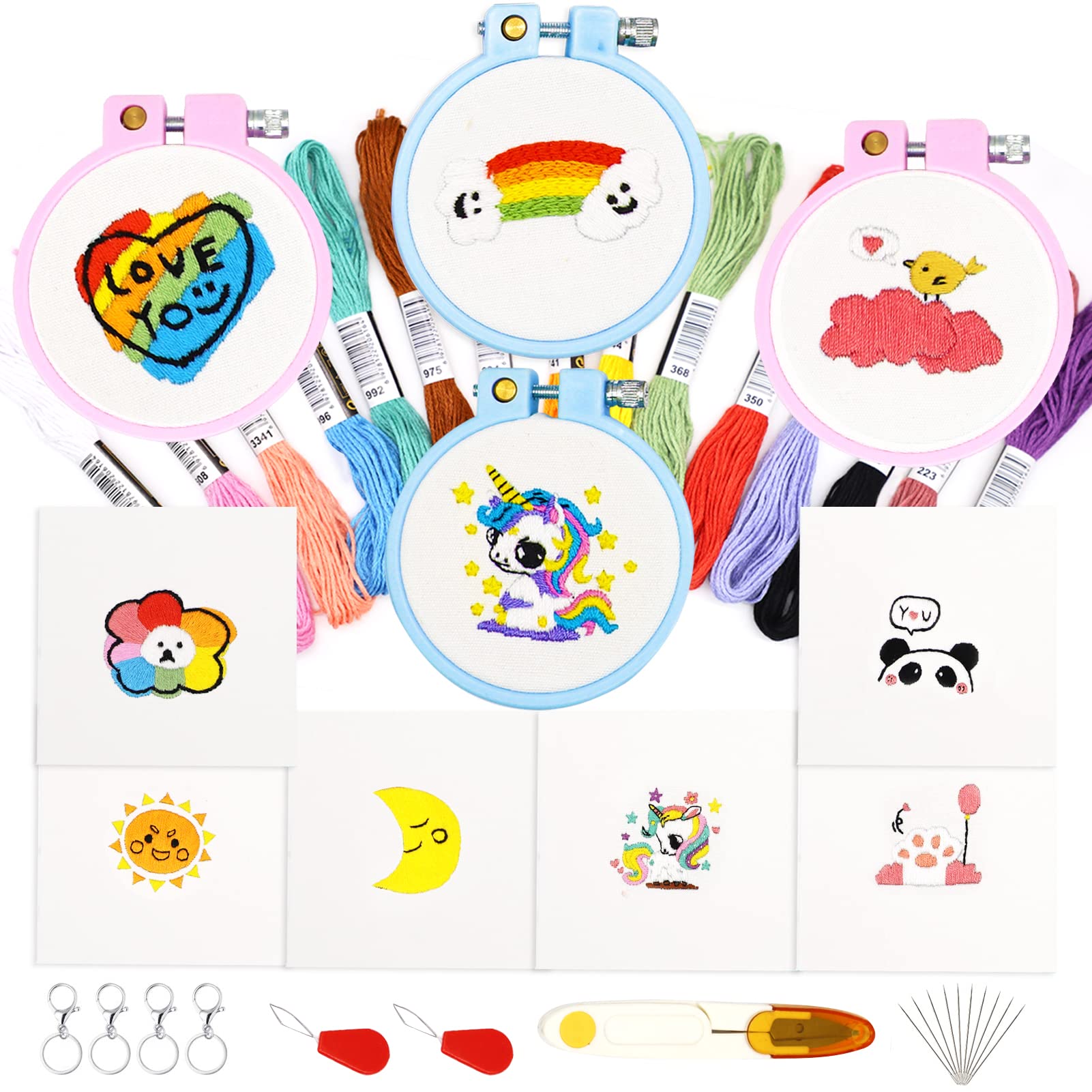 Embroidery Beginner Kits for Kids Age 6+,Include 10 Project Patterned &4 Embroidery Hoops,12 Skeins Embroidery Floss, Cross Stitch Accessories,Needle Point Starter Kit Sewing Set with Instructions