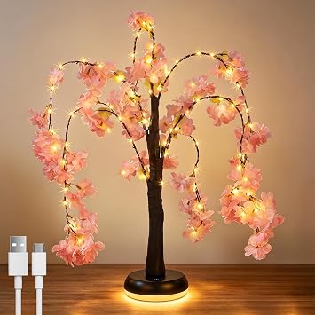 Lighted Cherry Blossom Tree Rechargeable Tree Light with Warm White LED Lamp for Table Decor - Fairy Night Lights for Indoor Living Room Bedroom Bedside Tabletop