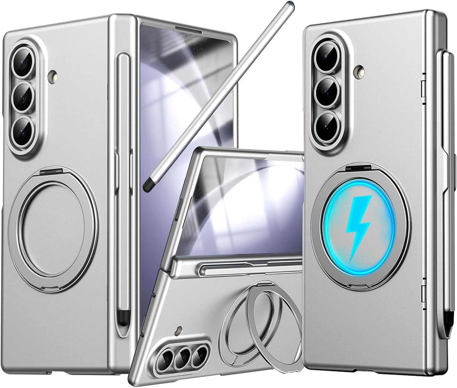 for Samsung Galaxy Z Fold 5 Case with S Pen Holder & Stylus Pen, Magnetic Rotating Ring Stand Compatible Magsafe Screen Protector Hinge Cover Full Coverage Protective Case for Z Fold 5 Grey