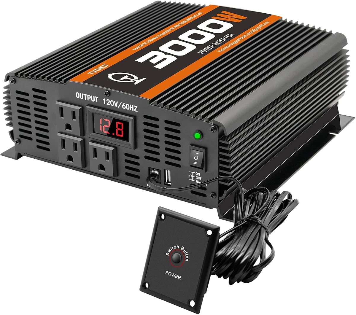 Inversor de corriente para automóvil de 3000 vatios de 12 V a 110 V / 120 V para vehículos recreativos, semirremolques, convertidor de energía con 1 puerto USB y 3 salidas de CA - Inversor de 3000 W