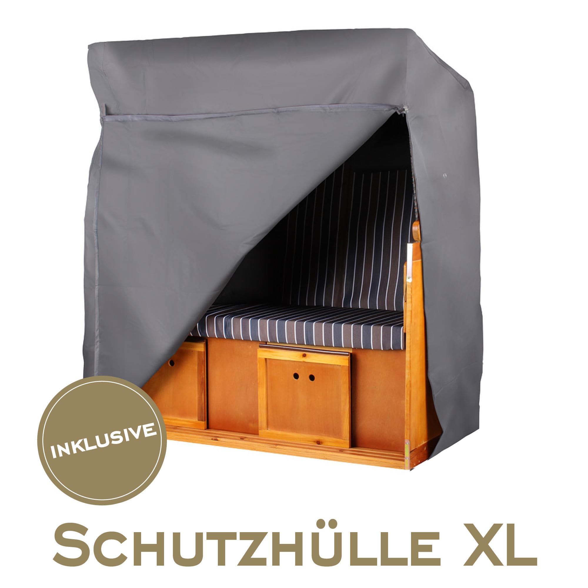 MR. DEKO Großer Strandkorb Düne Grande | Teak-Holz Volllieger 175° | 2.5-Sitzer Bullauge | Komplettset inkl. Lifter-System, Schutzhülle, Rollen | Gartenmöbel Maritime 142x95x170cm
