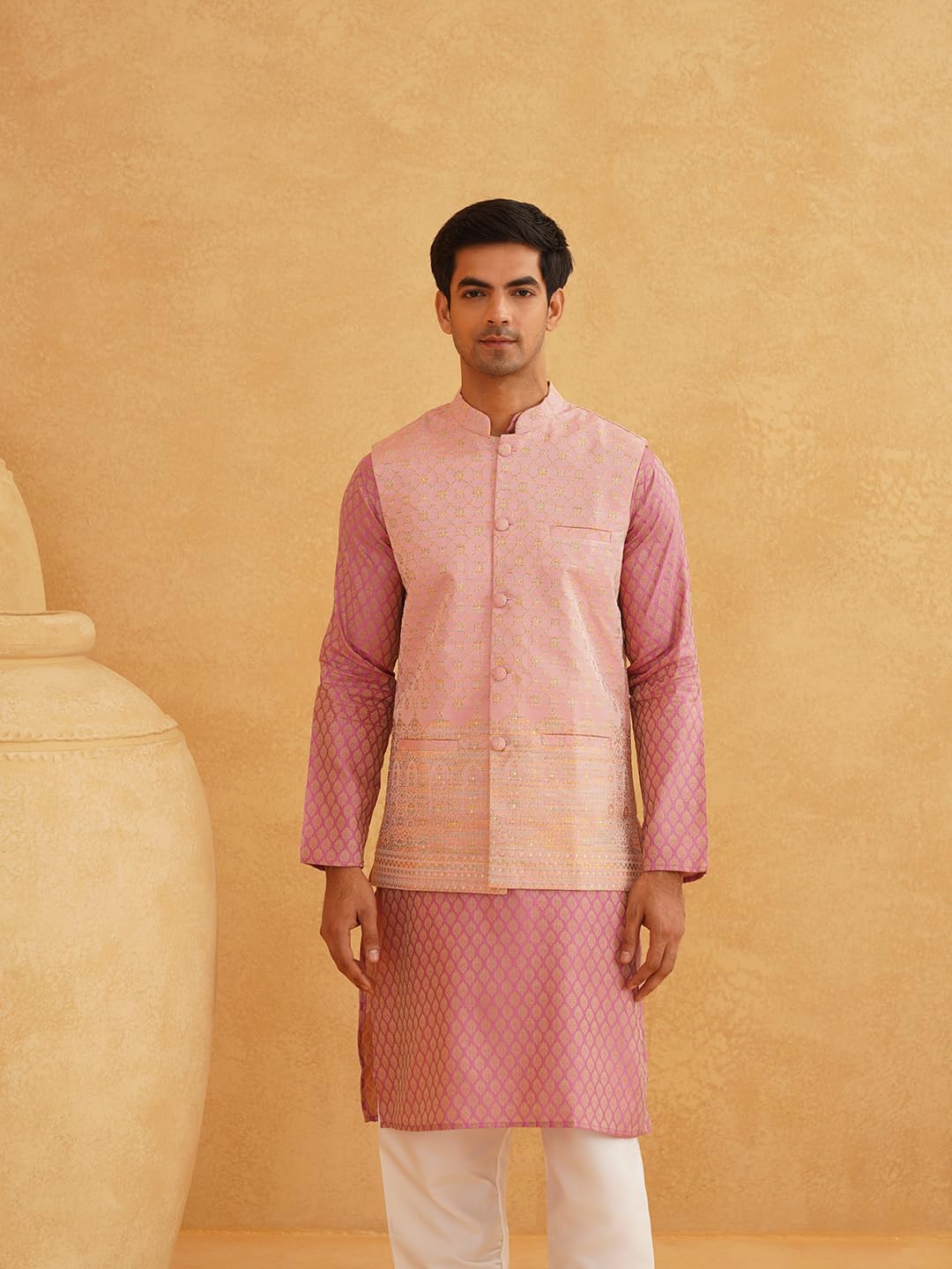 Sojanya (Since 1958 Men'S Pink Woven Design Silk Blend Kurta With Pyjama & Pink Nehru Jacket - Image 8
