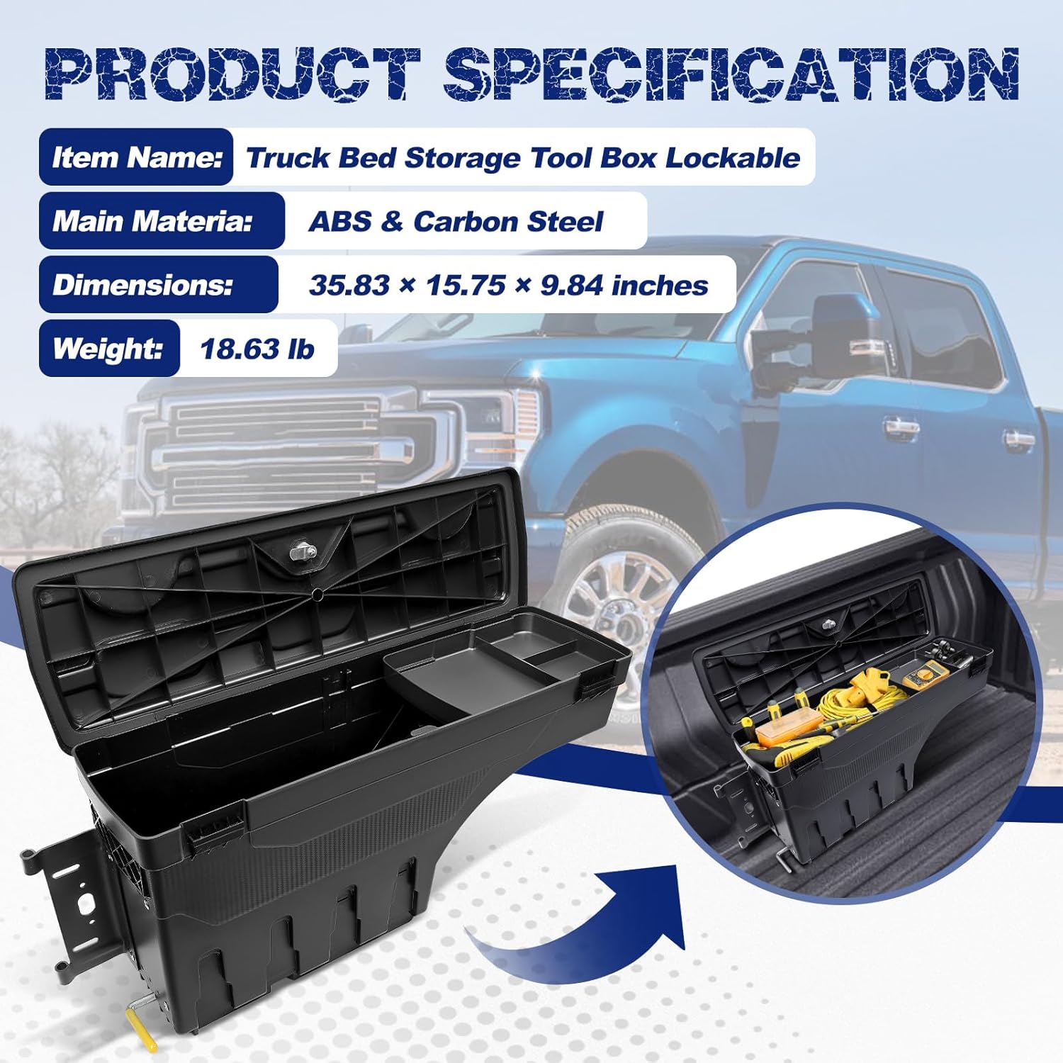 Driver Side Truck Bed Storage Tool Box Lockable, Fit for Ford F-250/ F-350 Super Duty 2017-2023, Rotatable Tool Box, Waterproof, Combination Lock