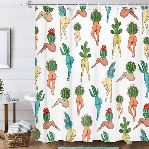 Divertida cortina de ducha con diseño de cactus a tope, divertido y sexy, juego de cortinas de ducha de tela de los años 70S y 80S, juego de cortina