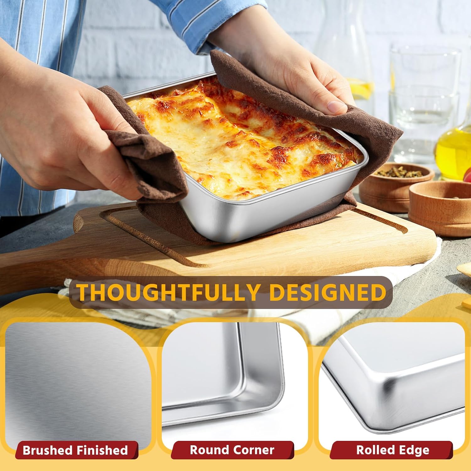 E-far 6 x 6-Inch Square Baking Pan with Lid, Small Stainless Steel Cake Brownie Pans Trays Dishes for Toaster Oven Air Fryer, Healthy & Dishwasher Safe - Set of 2(2 Pans + 2 Lids) - Image 5