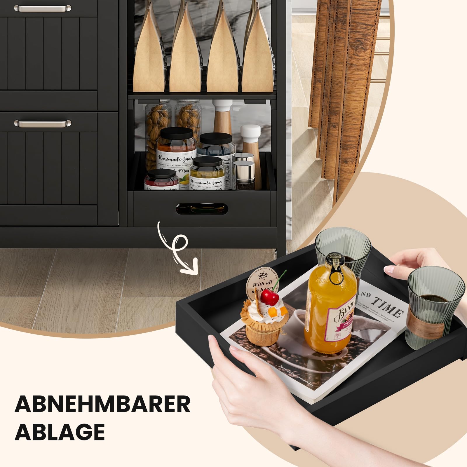 COSTWAY Küchenwagen mit Tablett, Regalen und 3 großen Schubladen, Küchenschrank rollbar, Kücheninsel aus Kautschukholz, Servierwagen 67 x 37 x 83,5 cm (Schwarz)