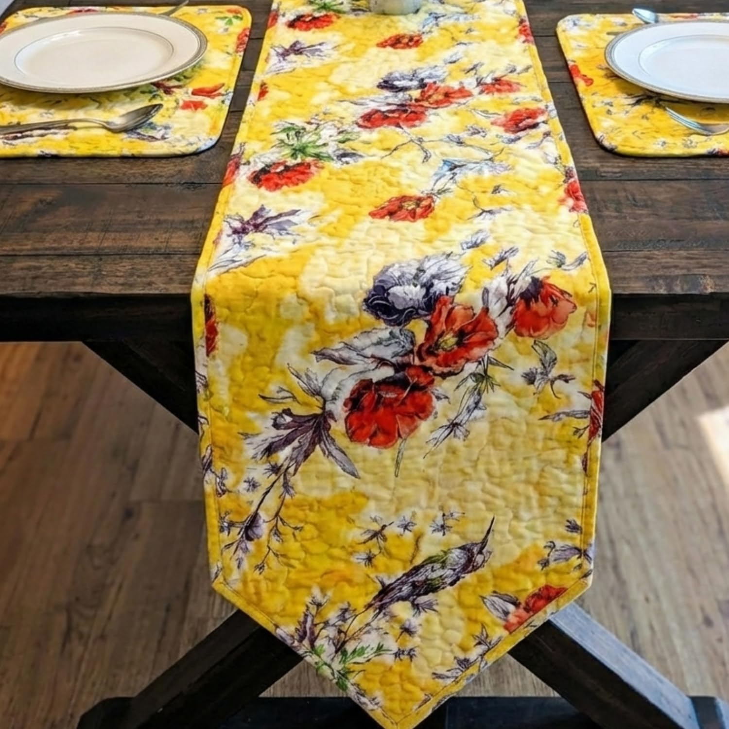 DaDa Bedding Quilted Golden Yellow Floral Table Runner - Radiant Sunshine Spring Hummingbirds Elegant Colorful Red Poppy Flowers Napery - Vintage