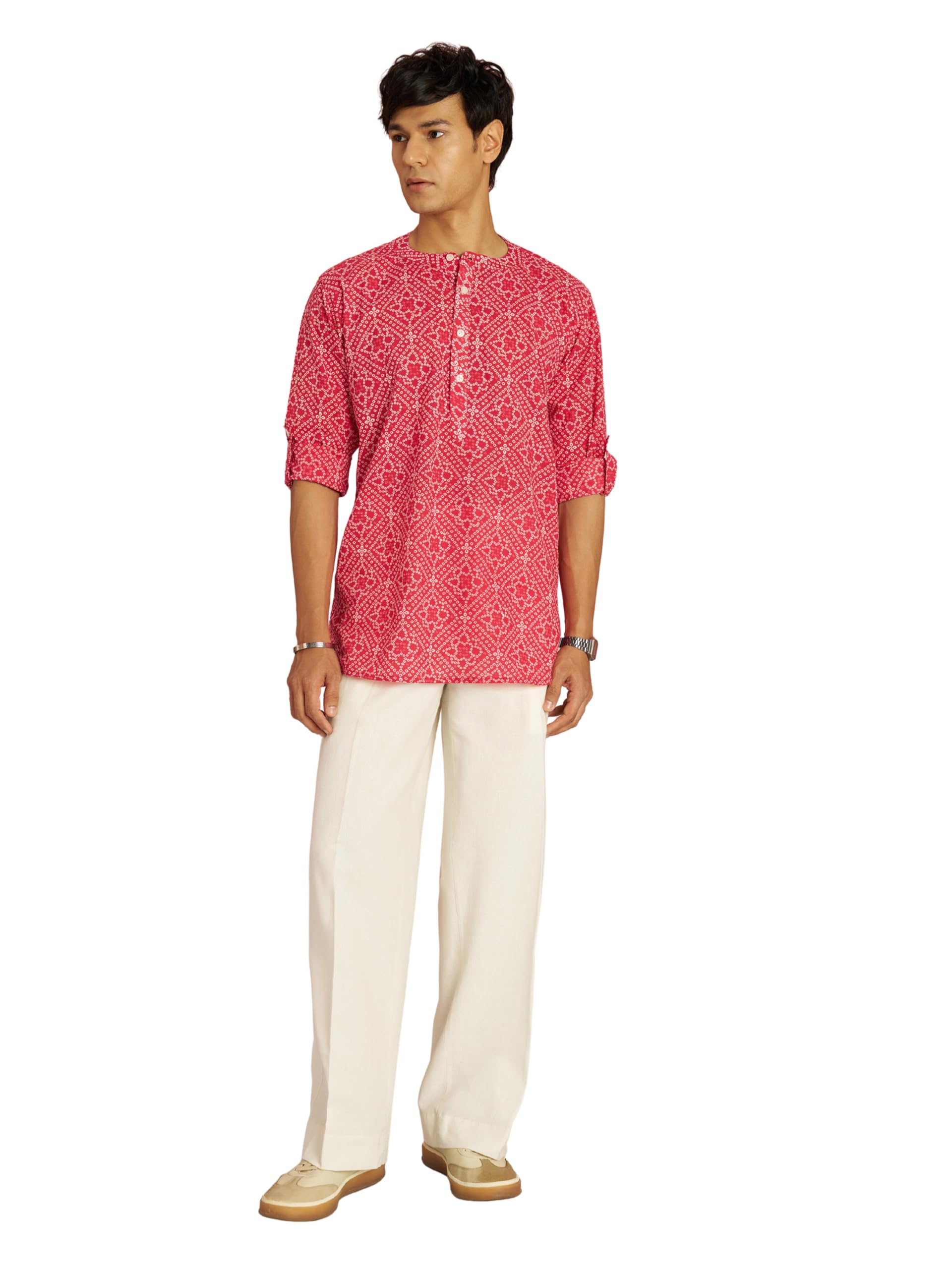 Men Red Bandhani Print Kurta with Cream Wide Leg Pant Set | Festive & Wedding Ethnic Outfit-image-34