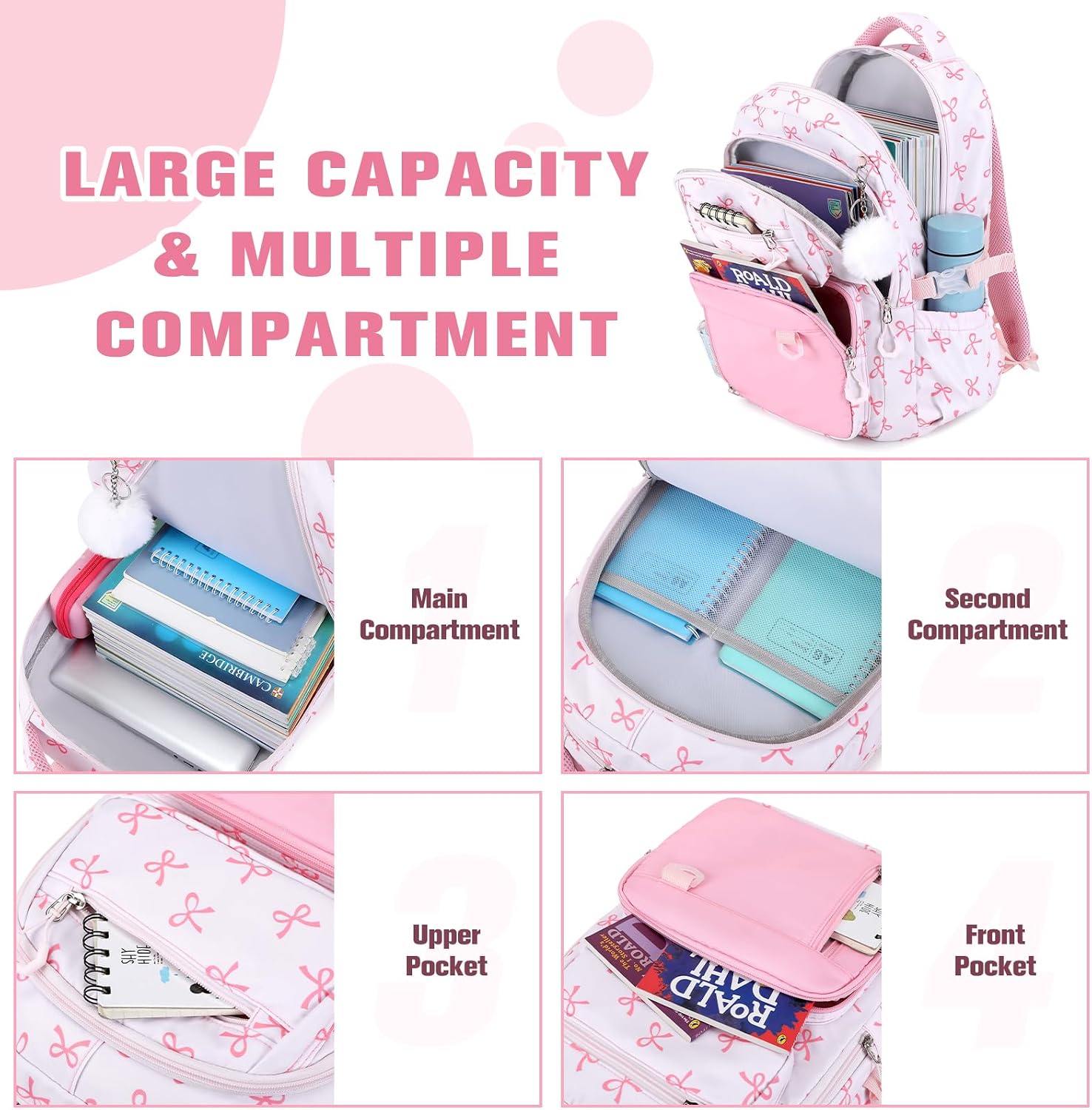 Bevalsa Backpack for Girls 3PCS Teen Girls Pink Bow Backpack for School with Lunch Bag Pencil Case Cute Kids Laptop Backpacks Bookbag for Elementary Middle High School College Student (Bow) thumbnail