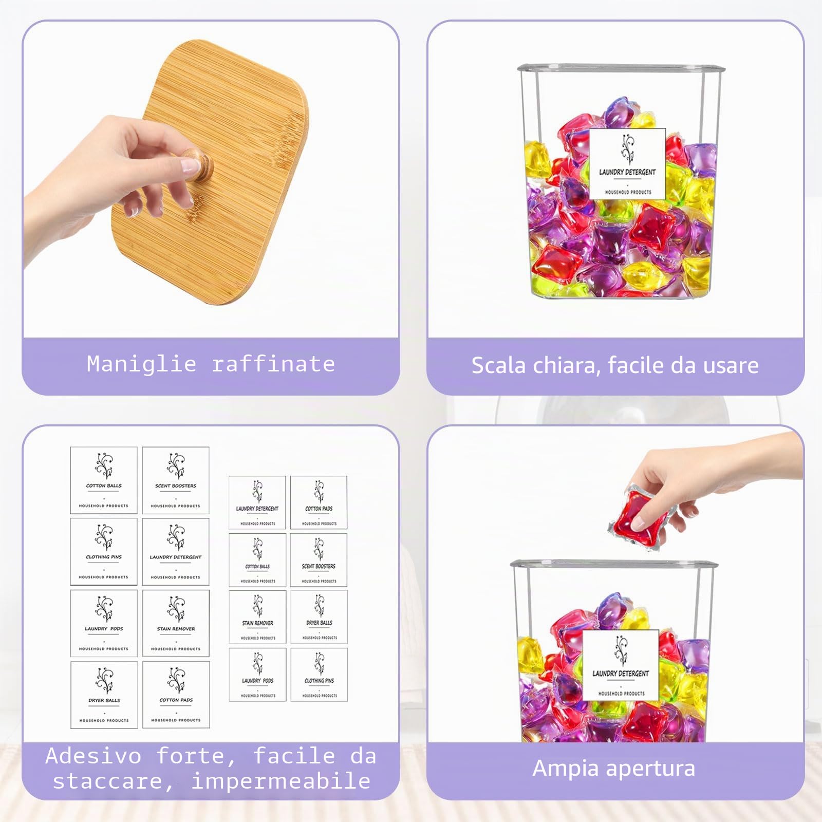 3 Pezzi Dispenser Detersivo Lavatrice, Contenitore Detersivo Polvere, con Coperchi Ermetici, Dosatore Detersivo Lavatrice per Bucato, 16 Etichette ＆ 2 Misurini, Barattolo per Bucato in Plastica