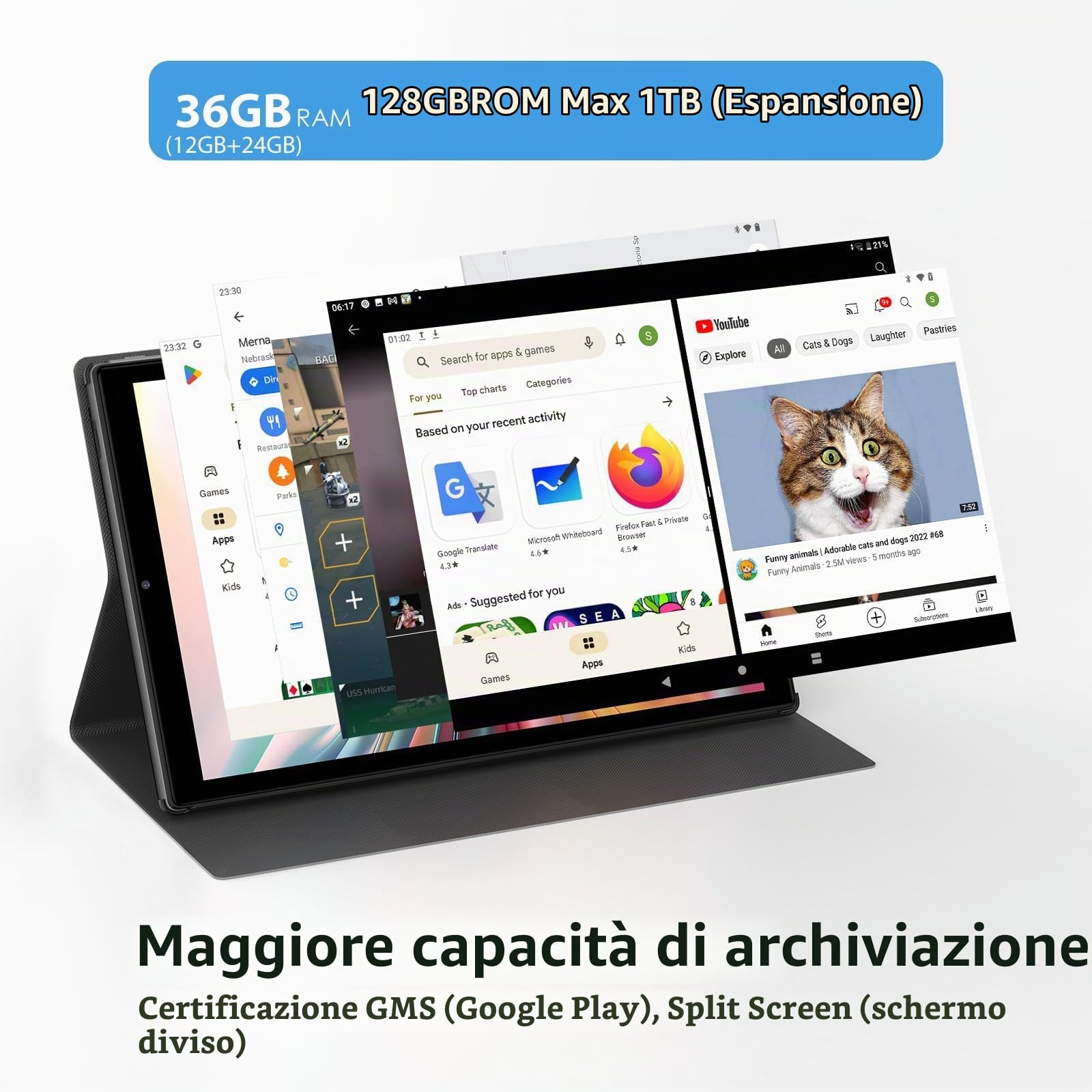 Tablet 10.1 Pollici, 5G WiFi + 4G LTE Dual SIM, 36GB RAM 128GB ROM (1TB Espandibile), Processore Octa-Core Android con Tastiera Mouse Stylus Cuffie Custodia, 8000mAh/GPS/FM/BT