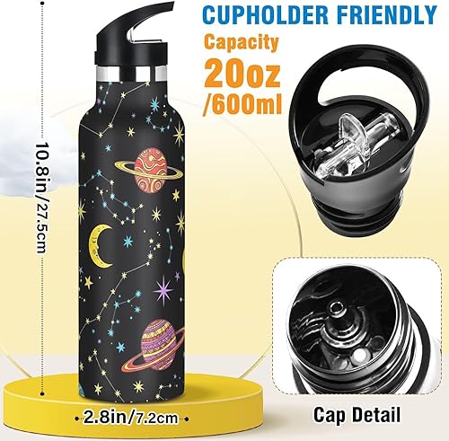 Miniatura 2 de Kids Water Bottle with Straw 20 Oz Water Bottle Insulated for Boys Girls, BPA-Free, Planets Black