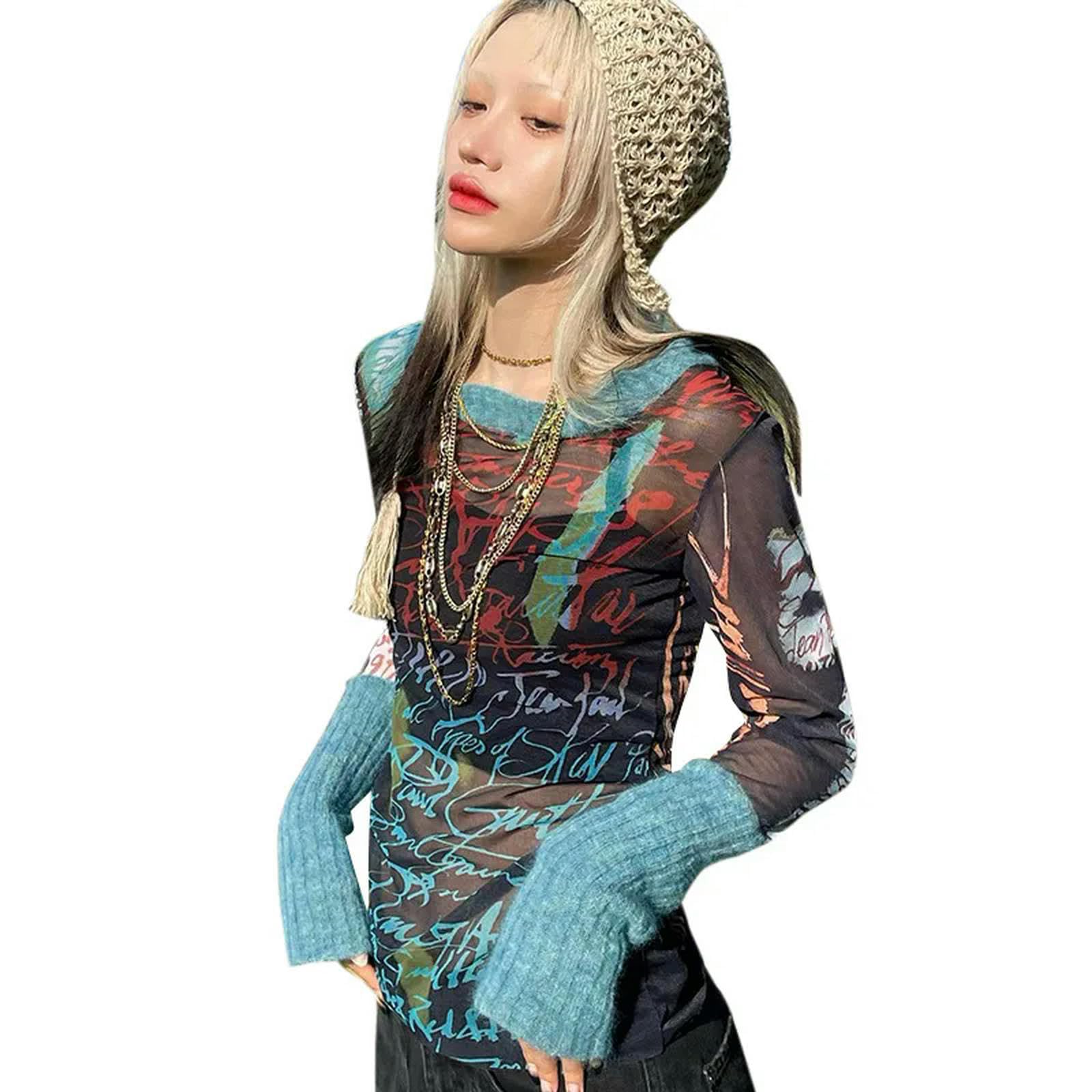T-Shirt grafiche Streetwear Y2k Donna Maglia Trasparente Patchwork a ma Lunghe Top Vestiti Estetica Anni '90-Beige-L