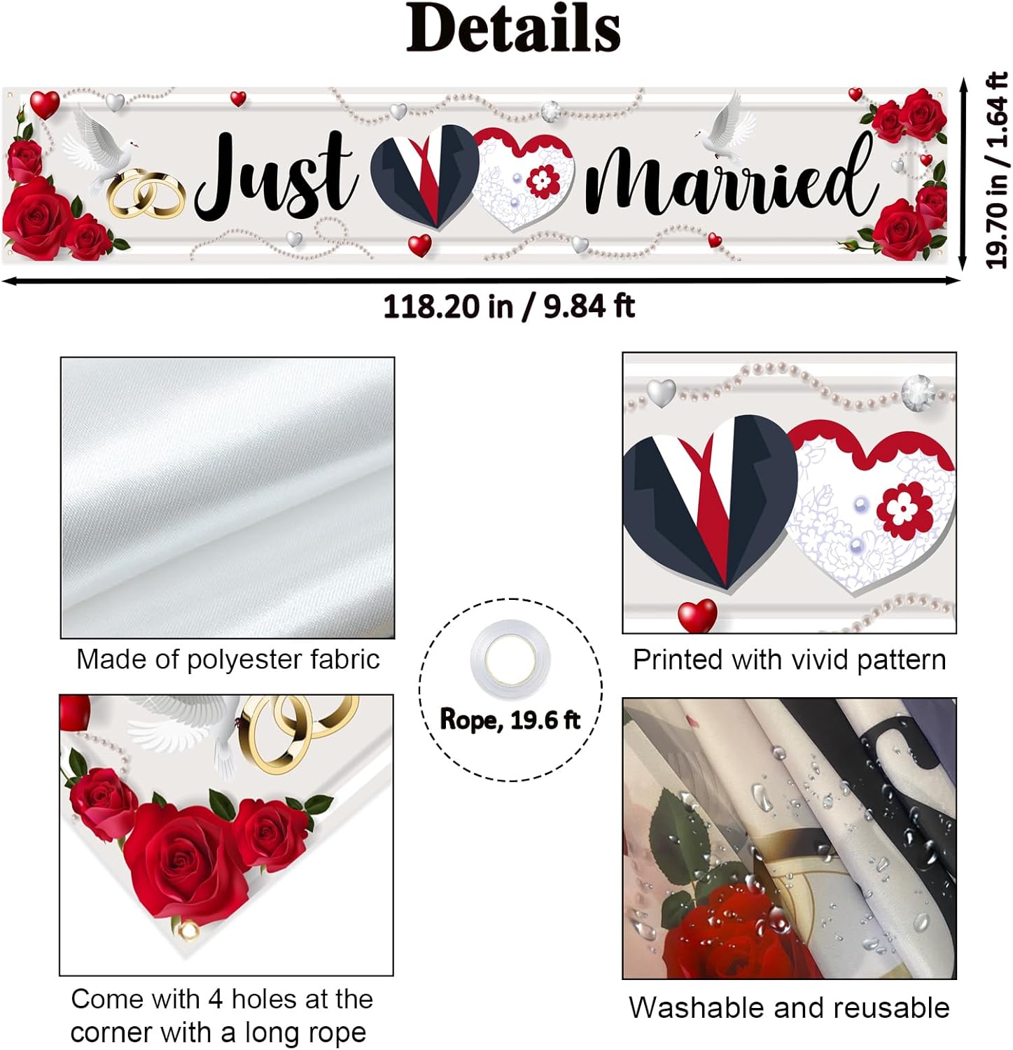 Labakita Large Just Married Banner, Wedding Ceremony Front Yard Sign, Wedding Banner for Outside Inside, Honeymoon Bridal Shower Party Decoration Supplies - Image 2