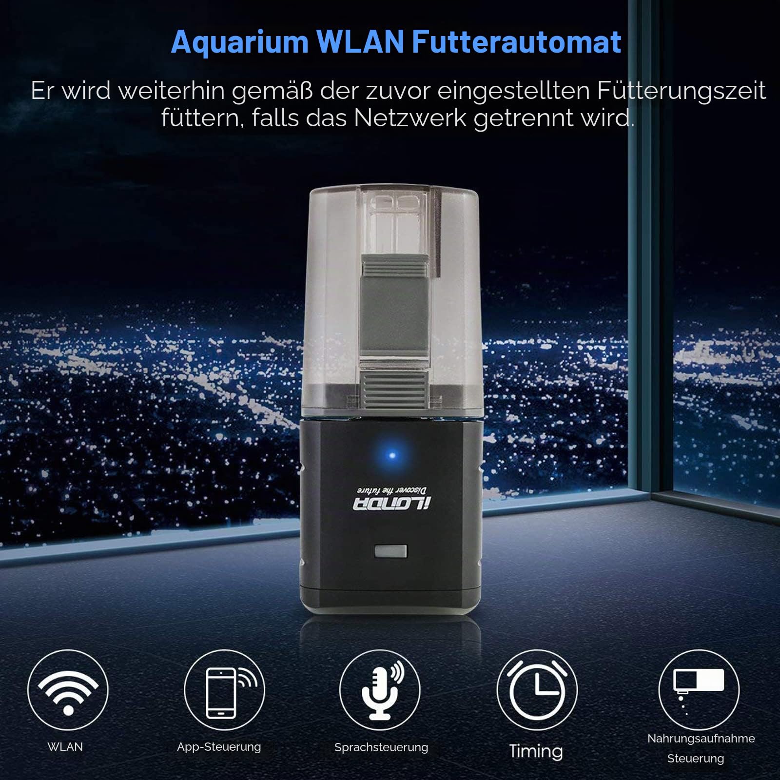 Lychee Aquarium Futterautomat, WiFi gesteuerter Timer Fischfutterspender mit LCD Display für Aquarium Teich Urlaub (Schwarz)