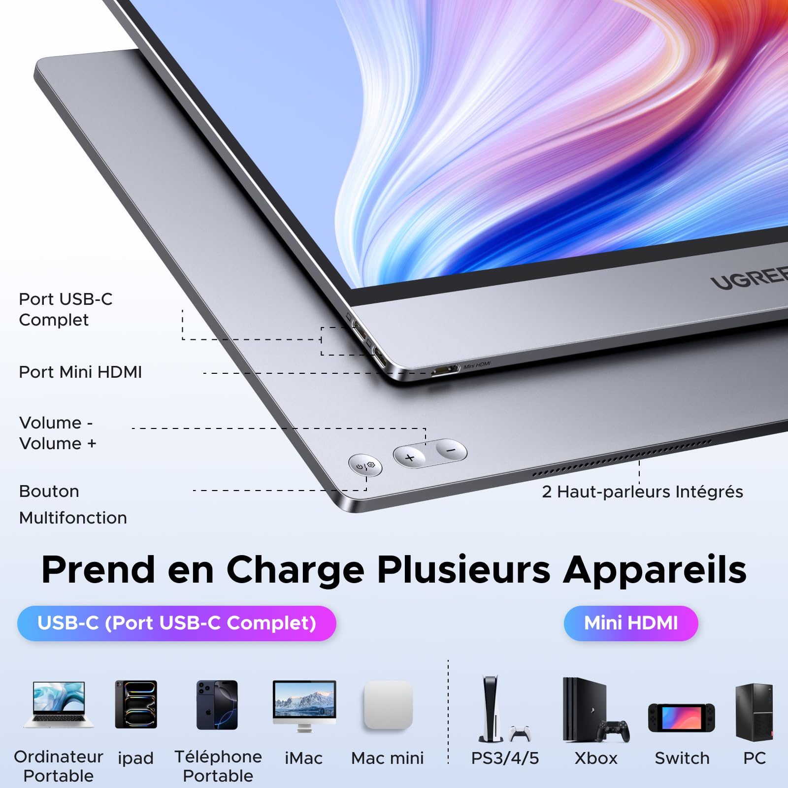 UGREEN Écran Portable 2.5K QHD 16 Pouces écran Moniteur PC IPS 2 Ports USBC