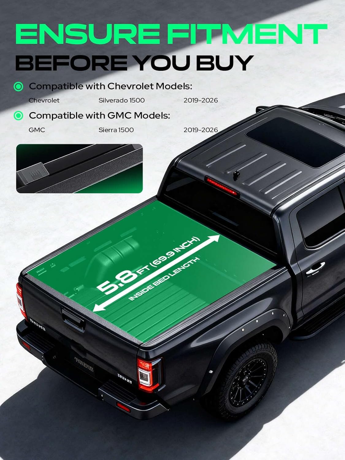 YHTAUTO Soft Roll-up Truck Bed Tonneau Cover Fits 2019-2026 Chevy Silverado 1500 & GMC Sierra 1500(Not for CarbonPro Bed) | 5.8 Ft (69.9") | Auto Locking System | All Weather Protection