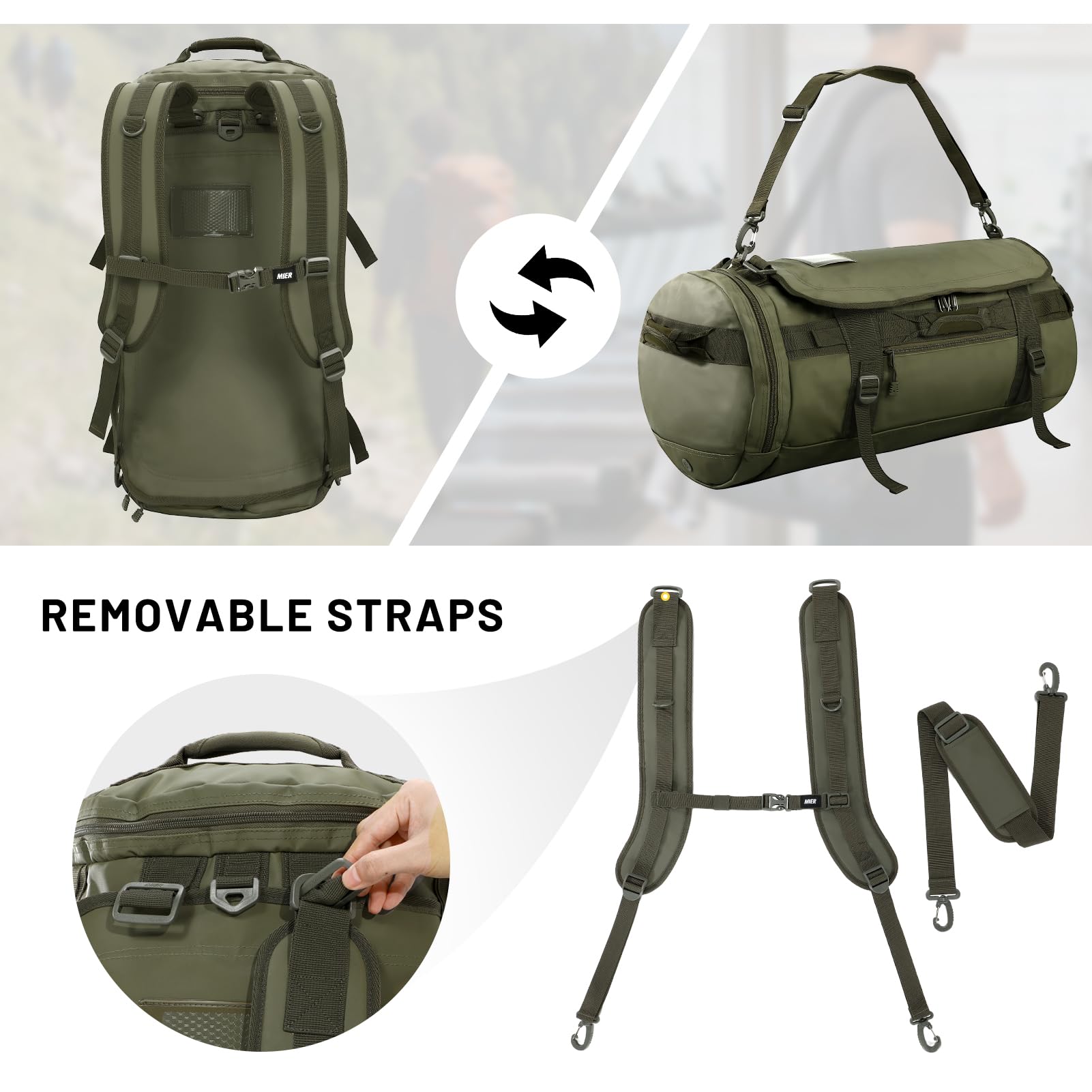 MIER Grande borsone sportivo da palestra con scomparto per scarpe, resistente e impermeabile, verde scuro, 90 l