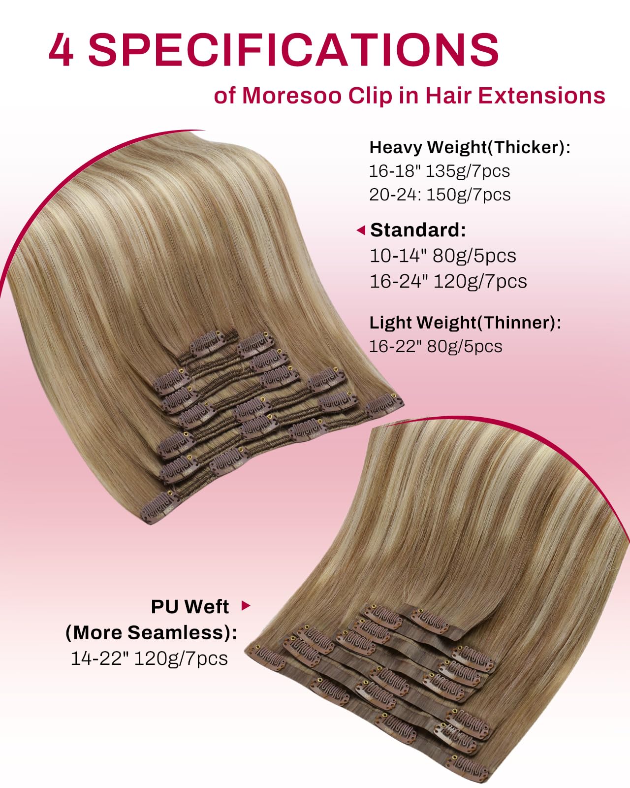 Moresoo Clip in Hair Extensions Real Human Hair Balayage Medium Brown and Blonde Real Hair Extensions Clip in Human Hair for Women Full Head 22 Inch 7pcs/120g #4/6/613 — view 35