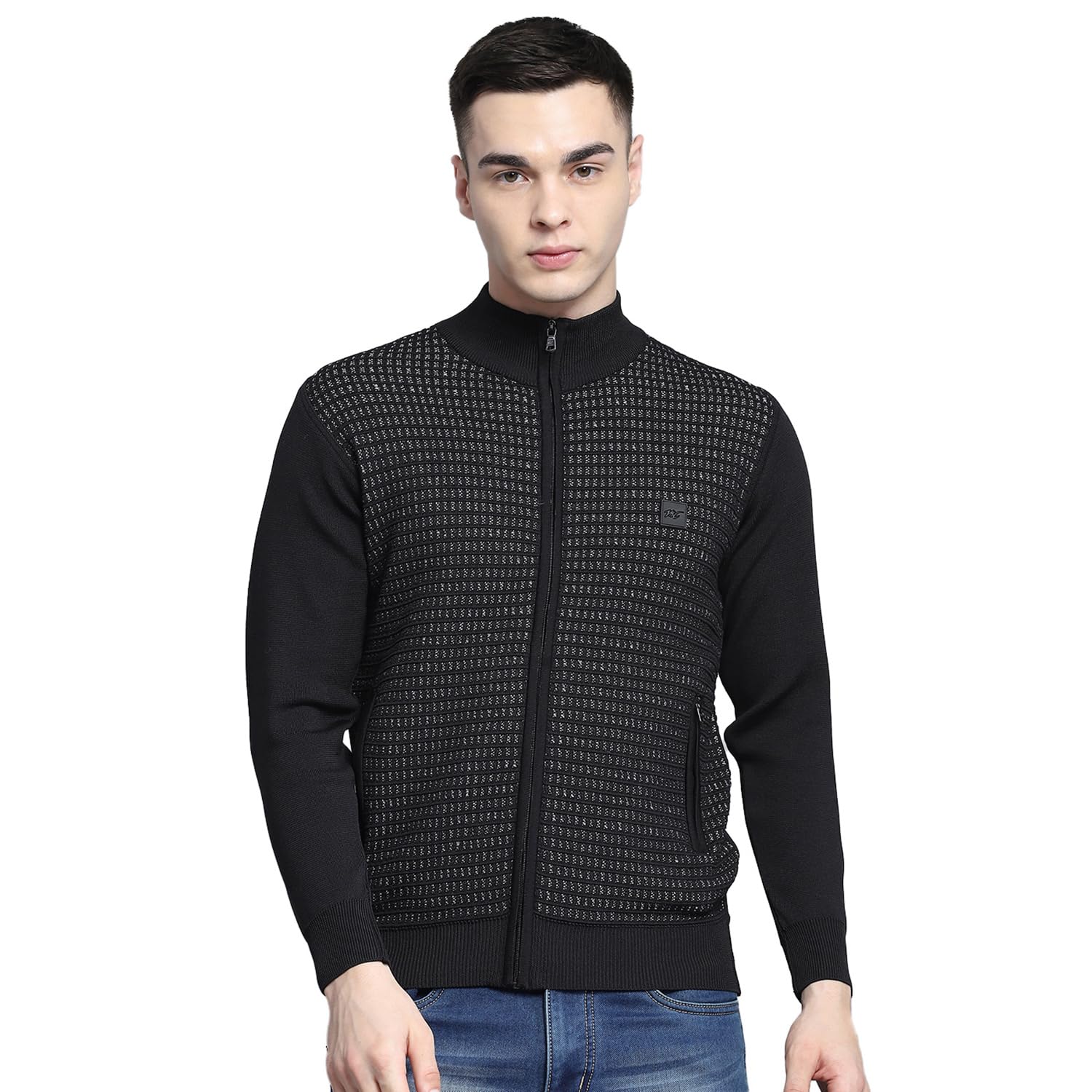 Mens Self Design Black Mock Neck Full Sleeve Pullover