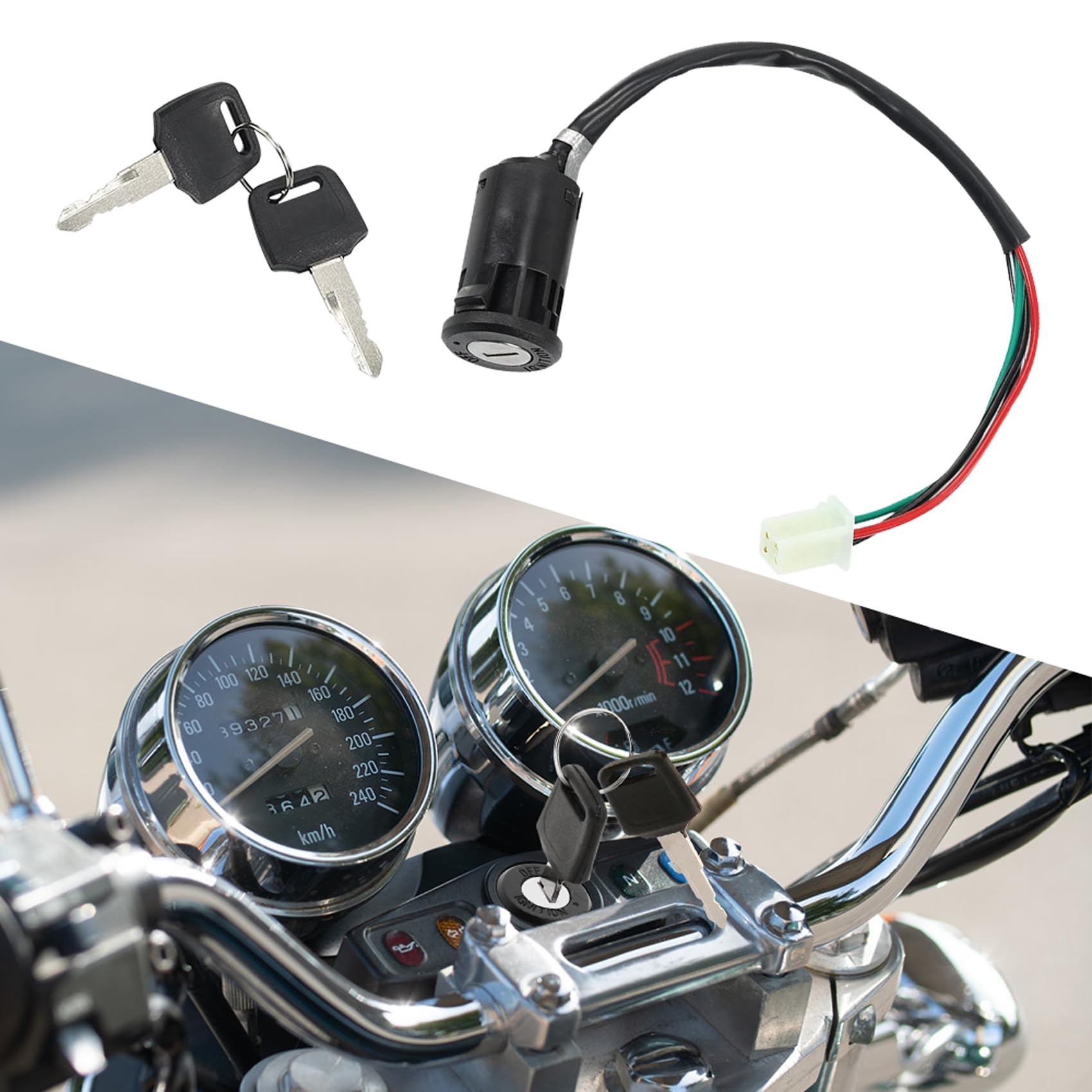 Ignition Key Switch Lock, Key Switch Starter Parts, 4 Wires Ignition Switch with 2 Keys, Automotive Exterior Accessories Motorcycle Ignition Switch Fit for Most 50-250CC Scooters and Dirt Bike