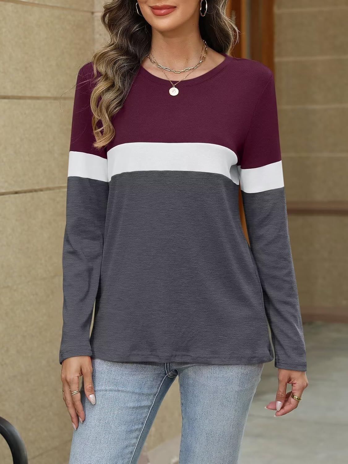 ORANDESIGNE Women's Long Sleeve Color Block Tunics Tops Casual Crew Neck Fall Shirts Blouses Wine Red-white-charcoal - Image 5