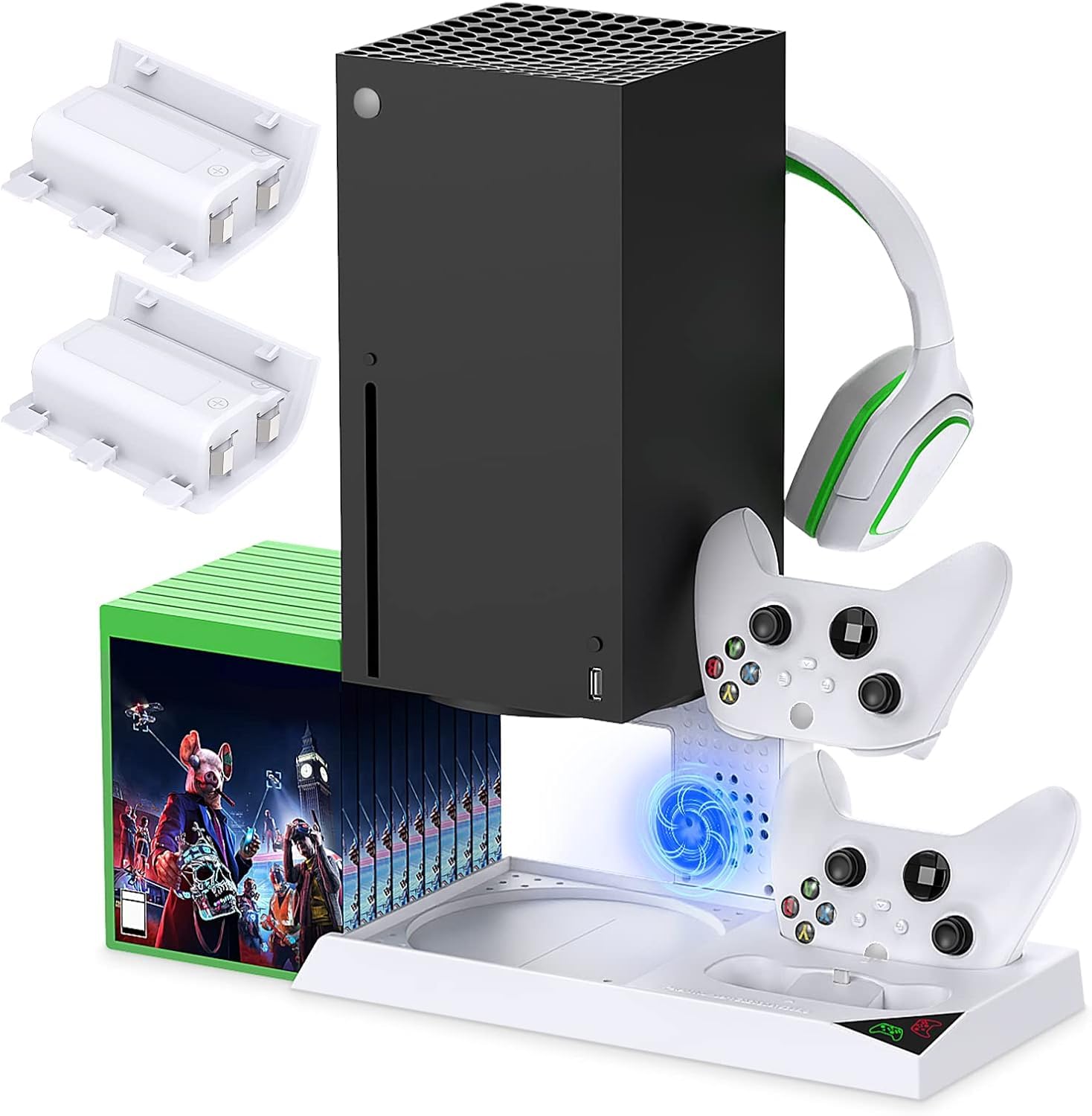YUANHOT Vertical Cooling Stand Charging Station for Xbox Series X Console & Controller, Fan Cooling System for Xbox Series X Accessories with 1400mAh Rechargeable Battery, Headset Holder, Disc Storage