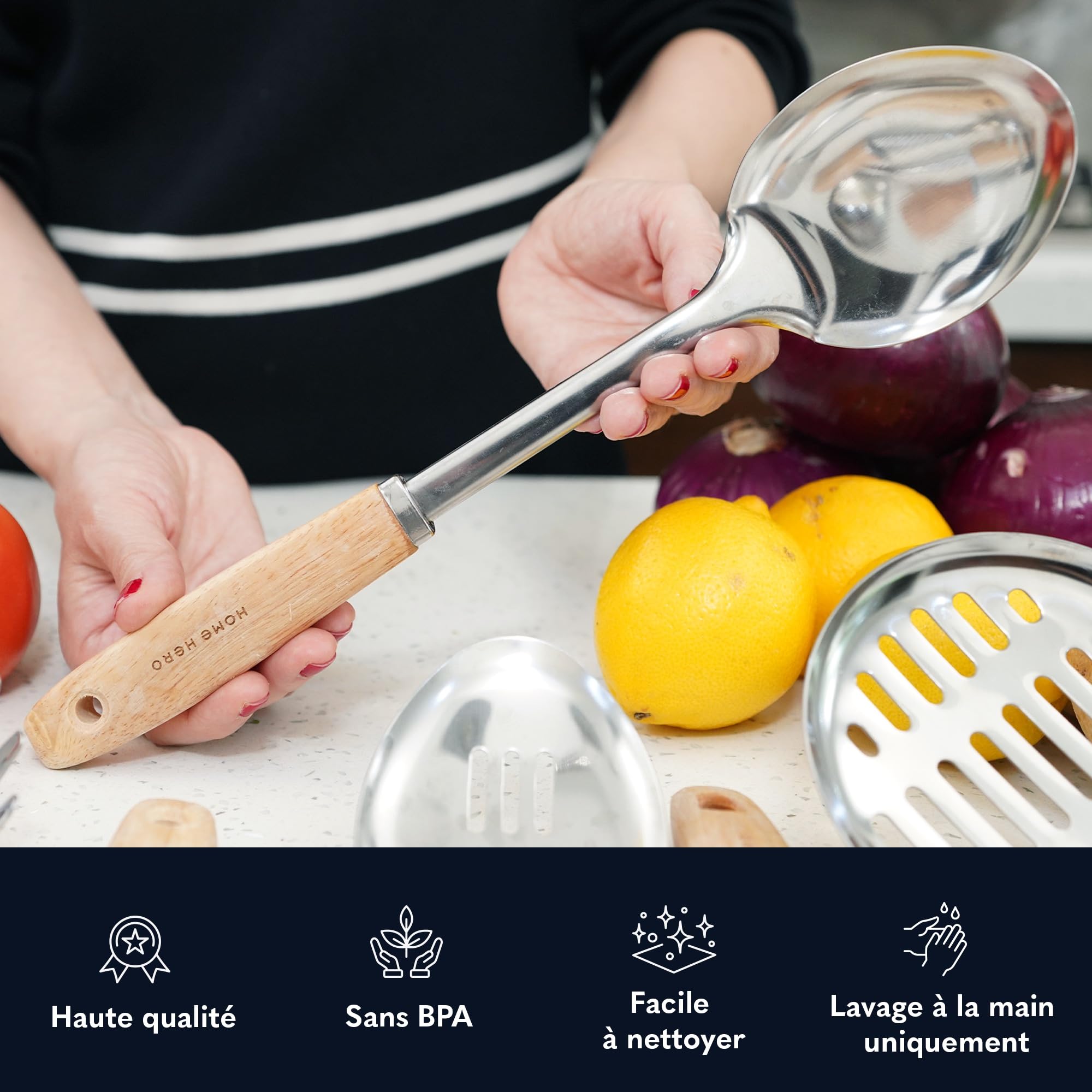Home Hero Ensemble d'ustensiles de cuisine en acier inoxydable - Ustensiles et aides de cuisine en métal résistants à la chaleur et durables (10 pcs - Bois et Argent)