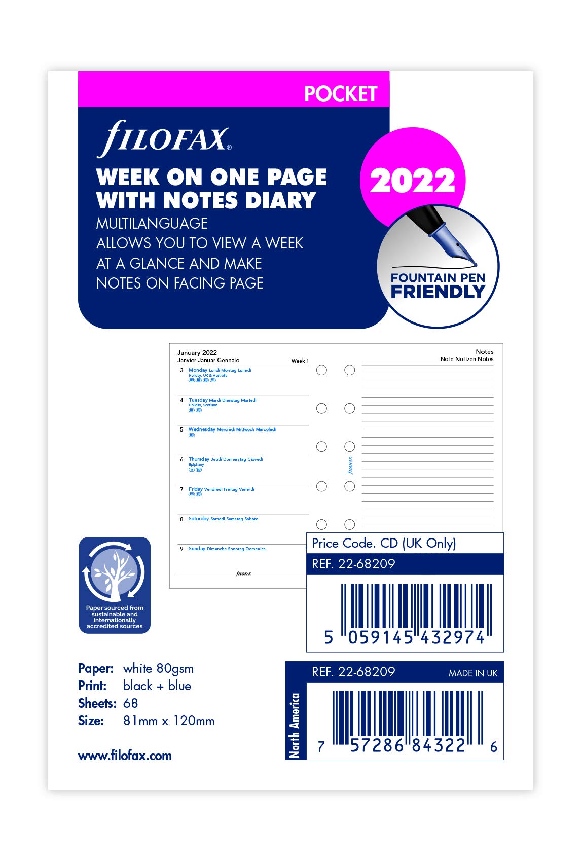 Filofax Pocket Week per Page with Notes 4 Language 2022 Diary 22-68209
