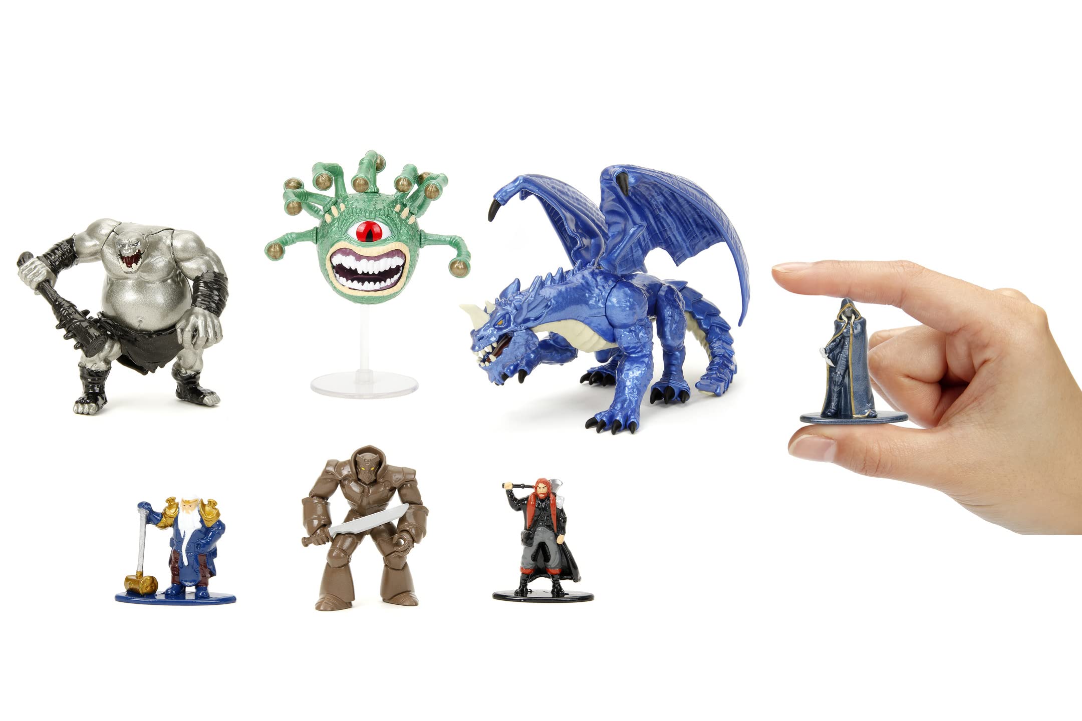 Jada Toys Dungeons and Dragons Figuren Set (Mega Pack mit 7 Sammelfiguren in 3 Größen) - DND Figuren aus Metall ab 12 Jahre (Elf, Human Barbarian, Zwerg, Golem, Oger, Beholder, Drache,), 4-10 cm