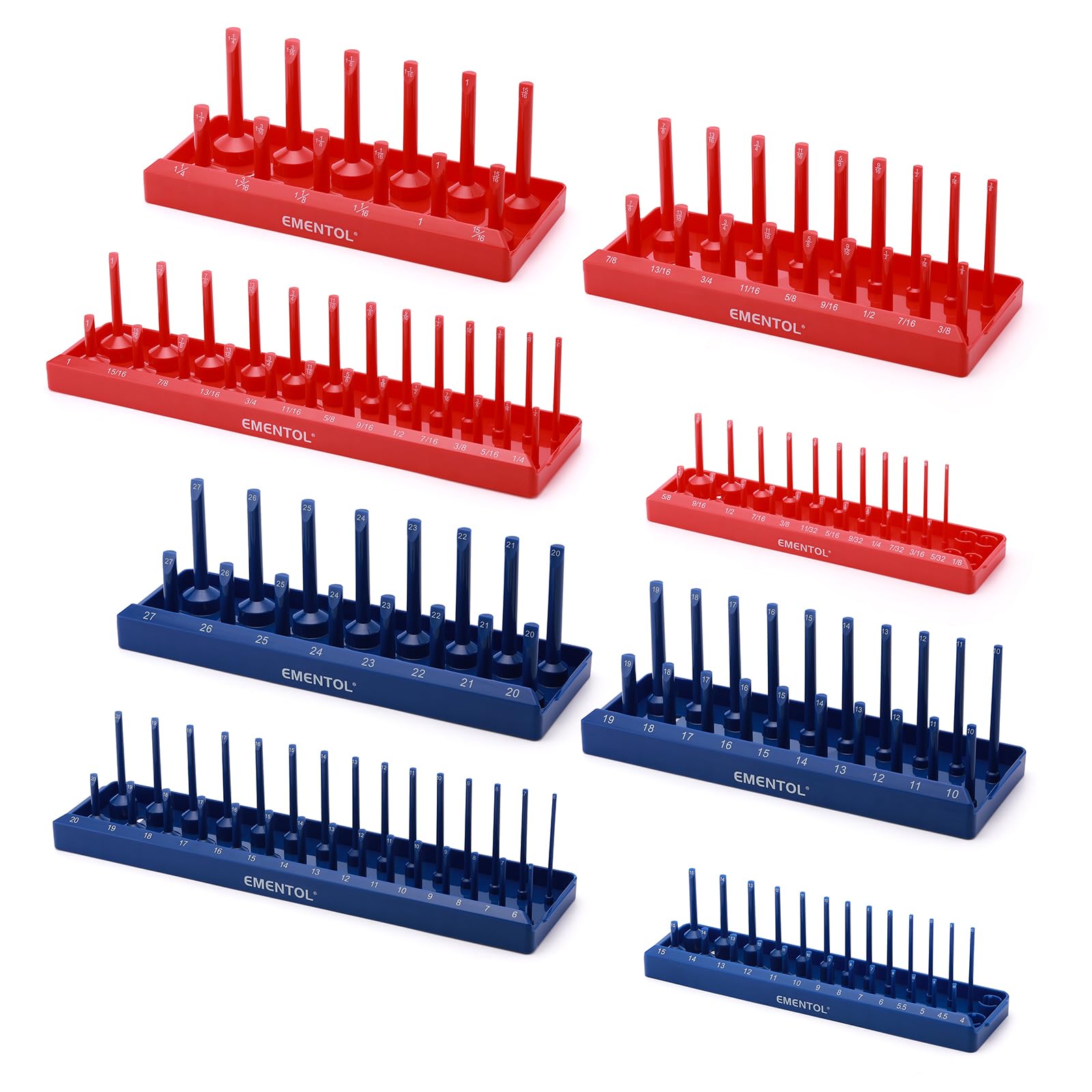 EMENTOL 8PCS Metric and SAE Socket Keeper Set - Blue & Red, 1/4", 3/8", 1/2" Drive Socket Organizer Tray, Store 176 Shallow and Deep Sockets